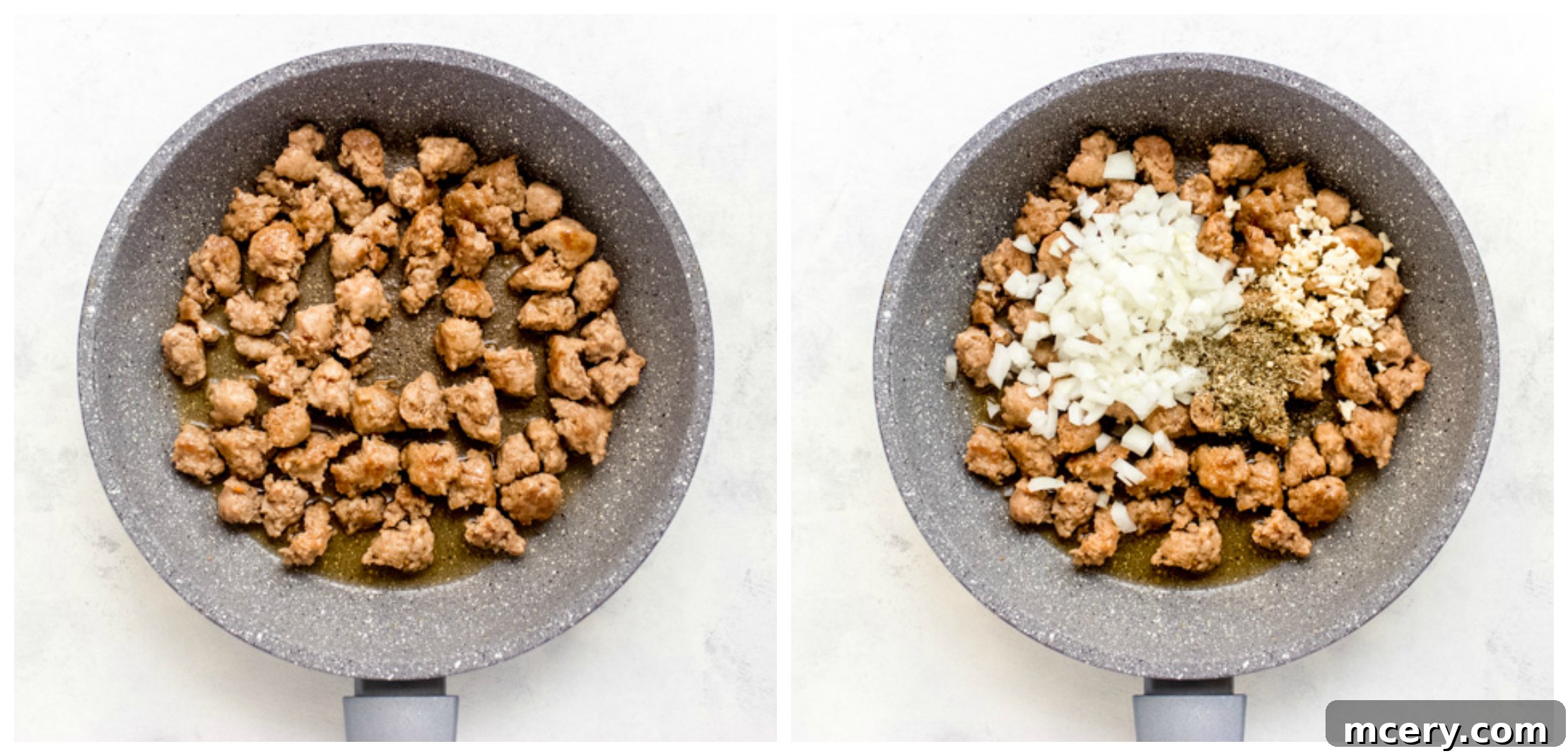 Italian sausage browning in a skillet
