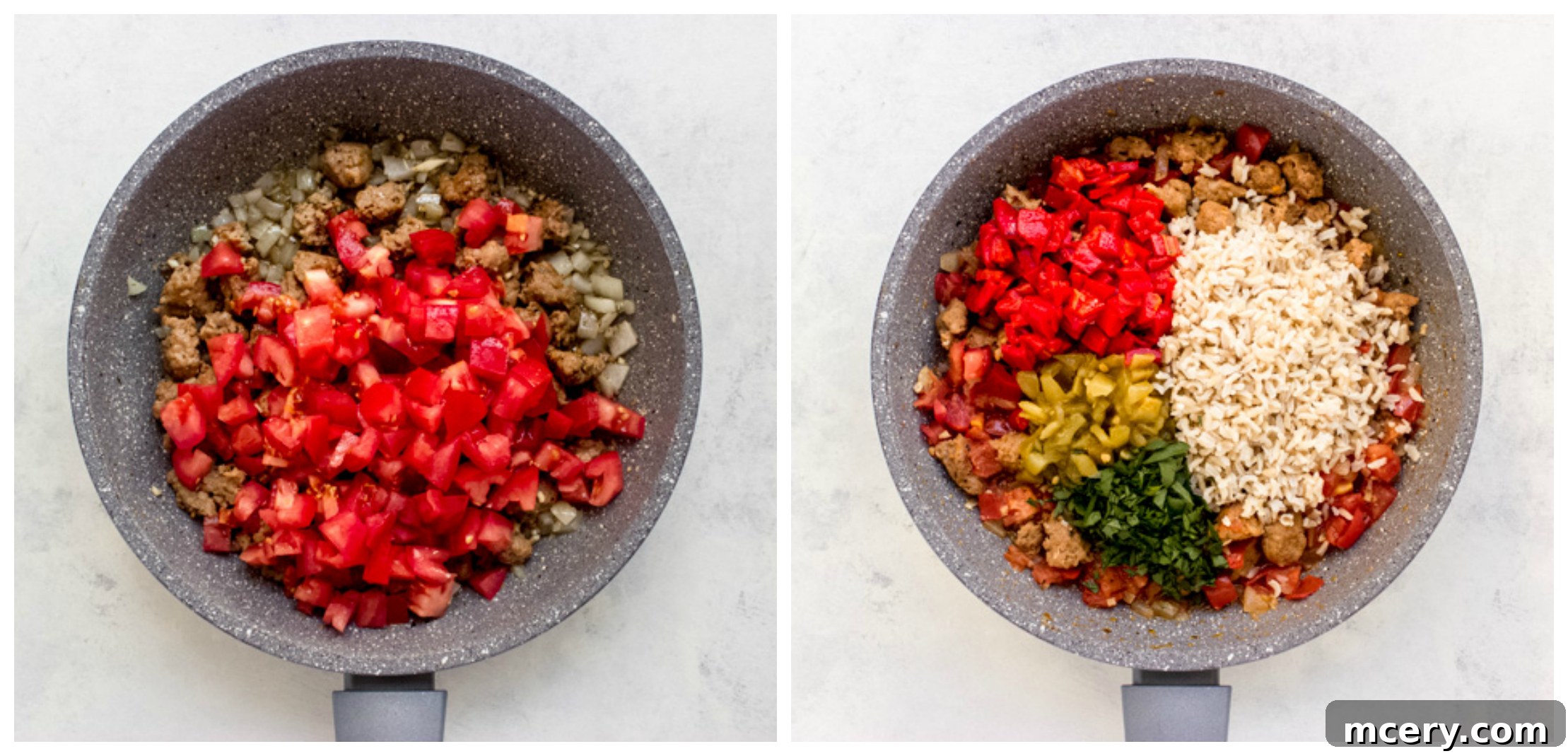 Pepper filling cooking in a skillet