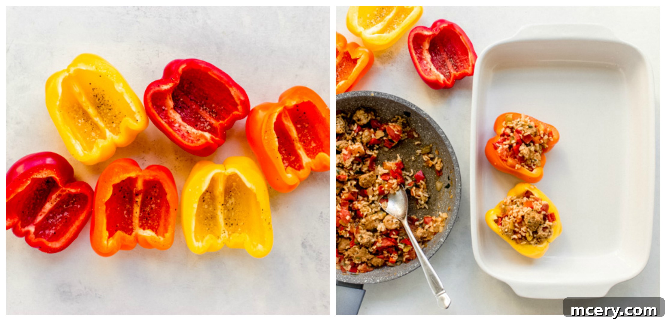 Stuffed peppers arranged in a baking dish