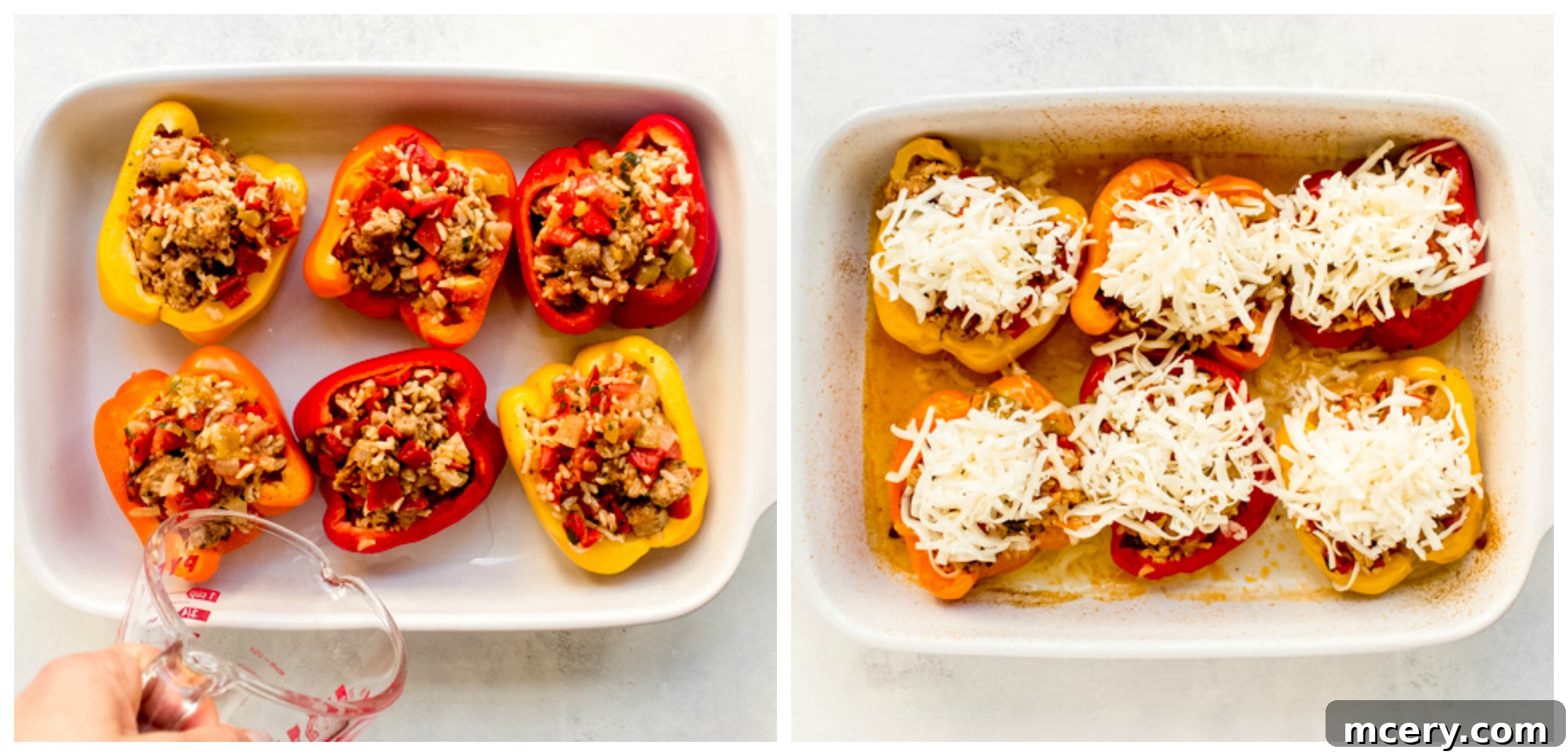 Baked stuffed peppers with melted cheese in a dish