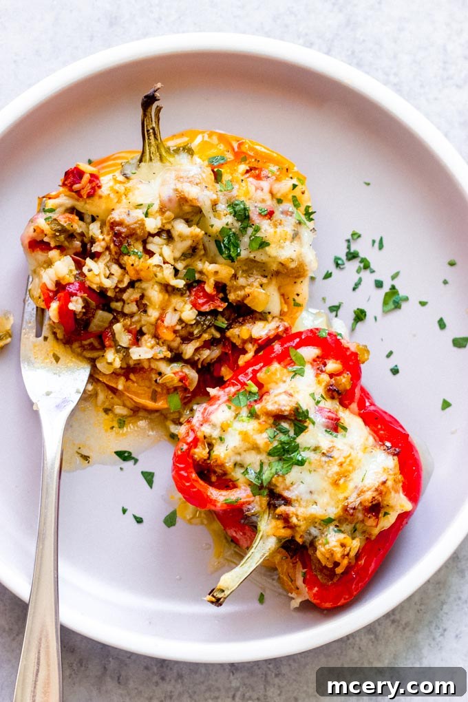 Stuffed bell peppers with Italian sausage and rice served on a plate