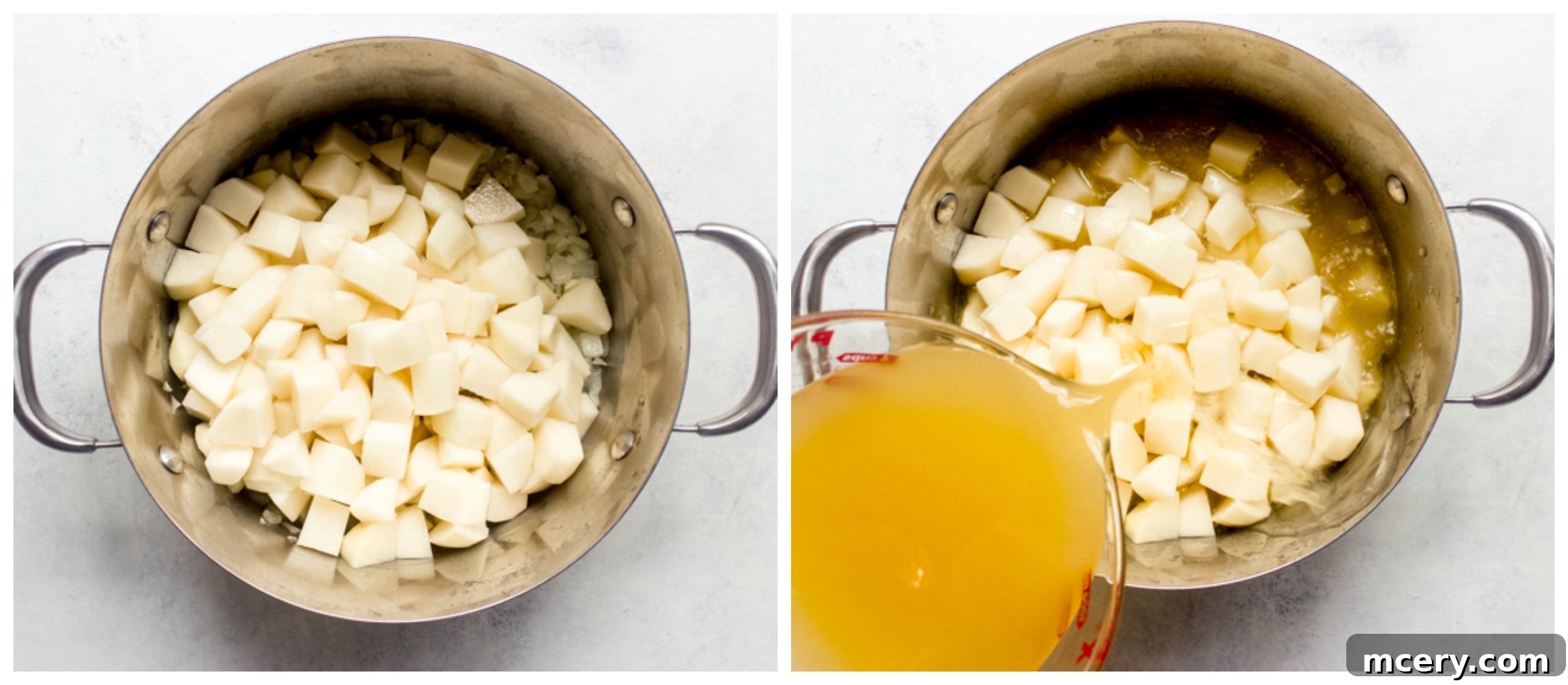 Quick Creamy Stovetop Potato Soup 5 potatoes in dutch oven with broth.