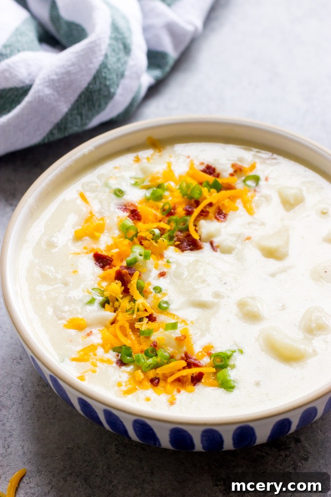 Quick Creamy Stovetop Potato Soup 8 close up of easy potato soup in a bowl.