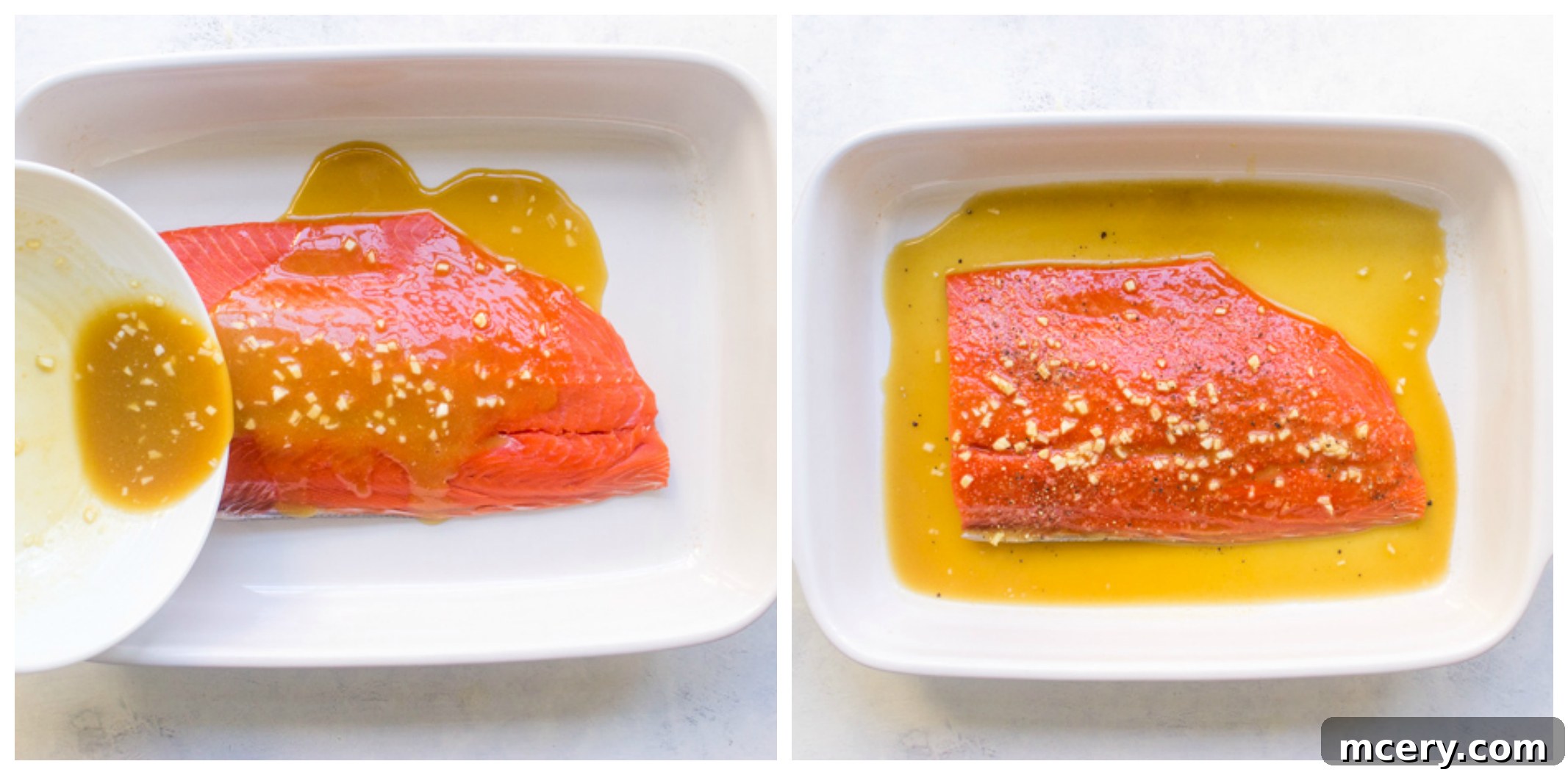 salmon in baking dish covered with mustard sauce.