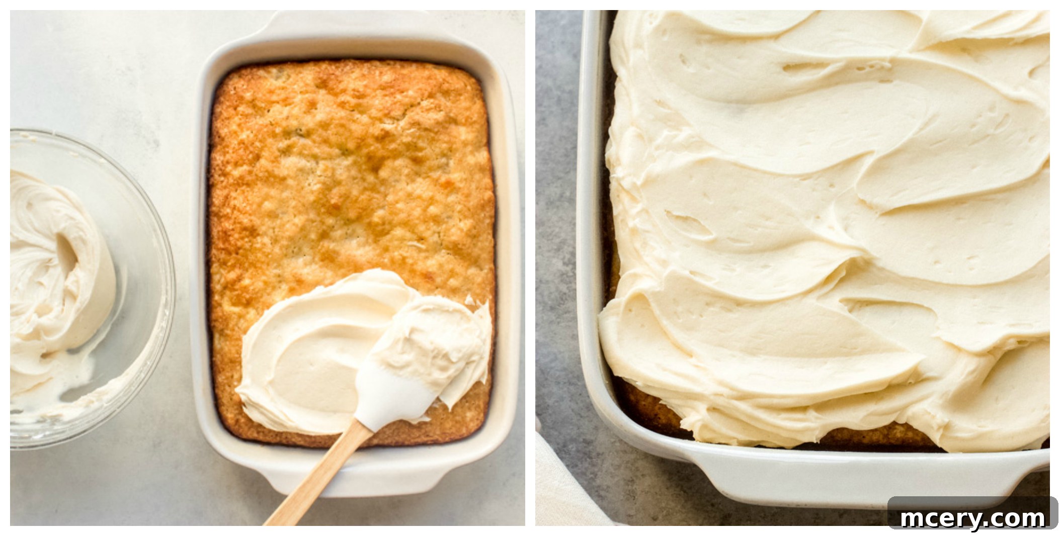 Southern Hummingbird Slab Cake 11 Fully frosted Hummingbird Sheet Cake in a pan, topped with cream cheese frosting and ready to be sliced.