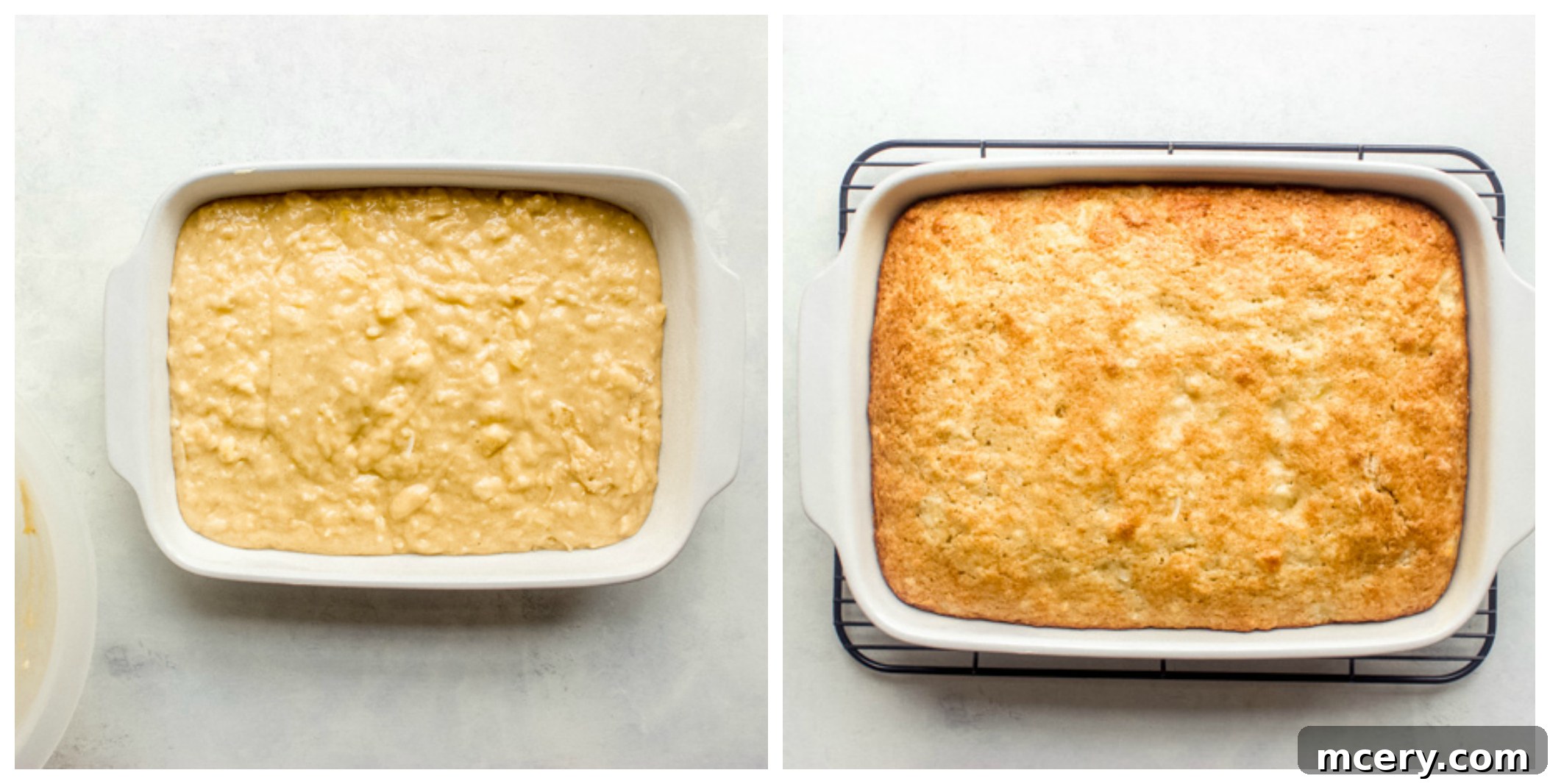 Southern Hummingbird Slab Cake 8 Hummingbird cake batter spread evenly in a sheet pan, ready for baking.