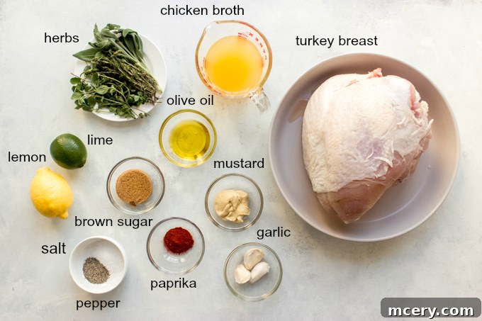 Perfect Bone-In Turkey Breast Roast 3 Ingredients laid out for herb roasted turkey breast recipe