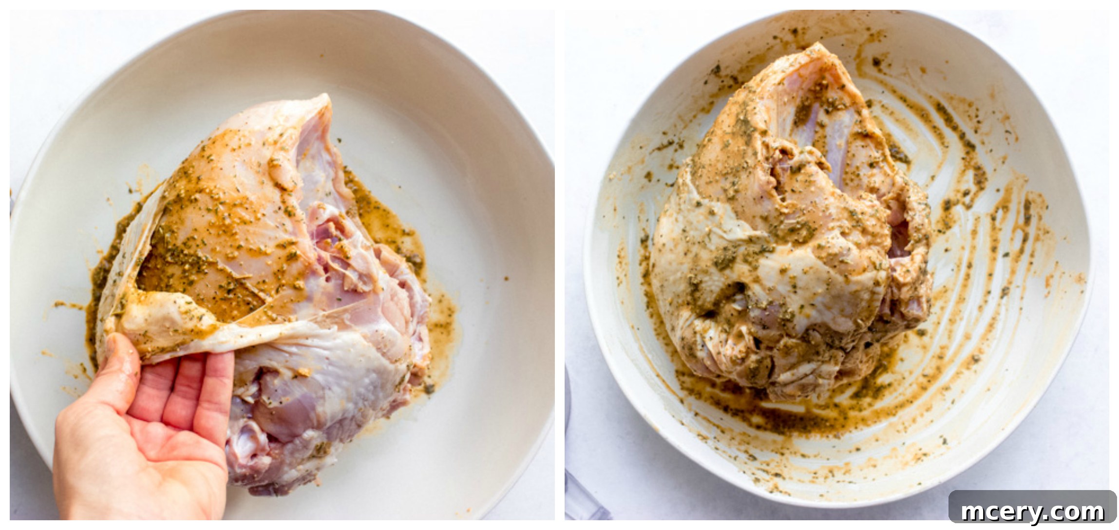 Perfect Bone-In Turkey Breast Roast 5 Turkey breast coated with herb rub in a roasting pan