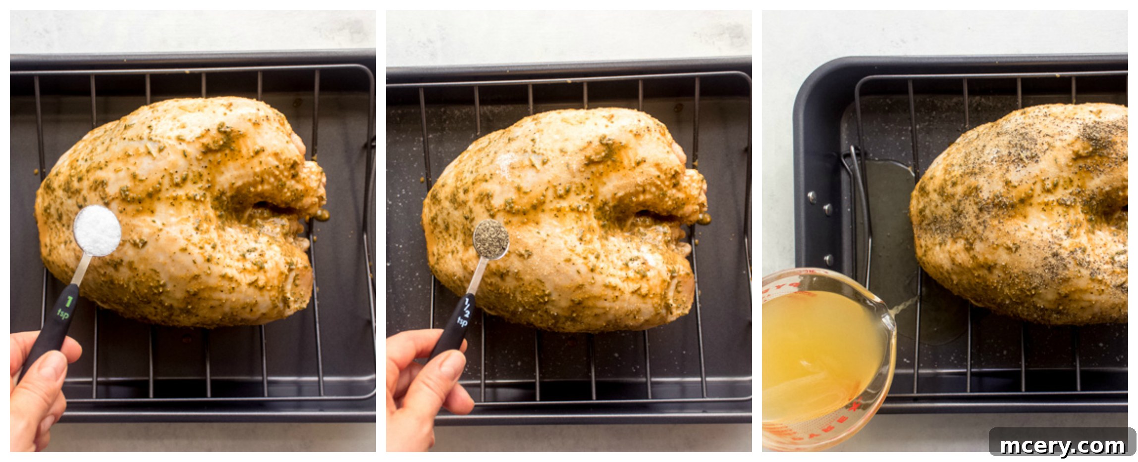 Perfect Bone-In Turkey Breast Roast 6 Turkey breast with chicken broth in the roasting pan