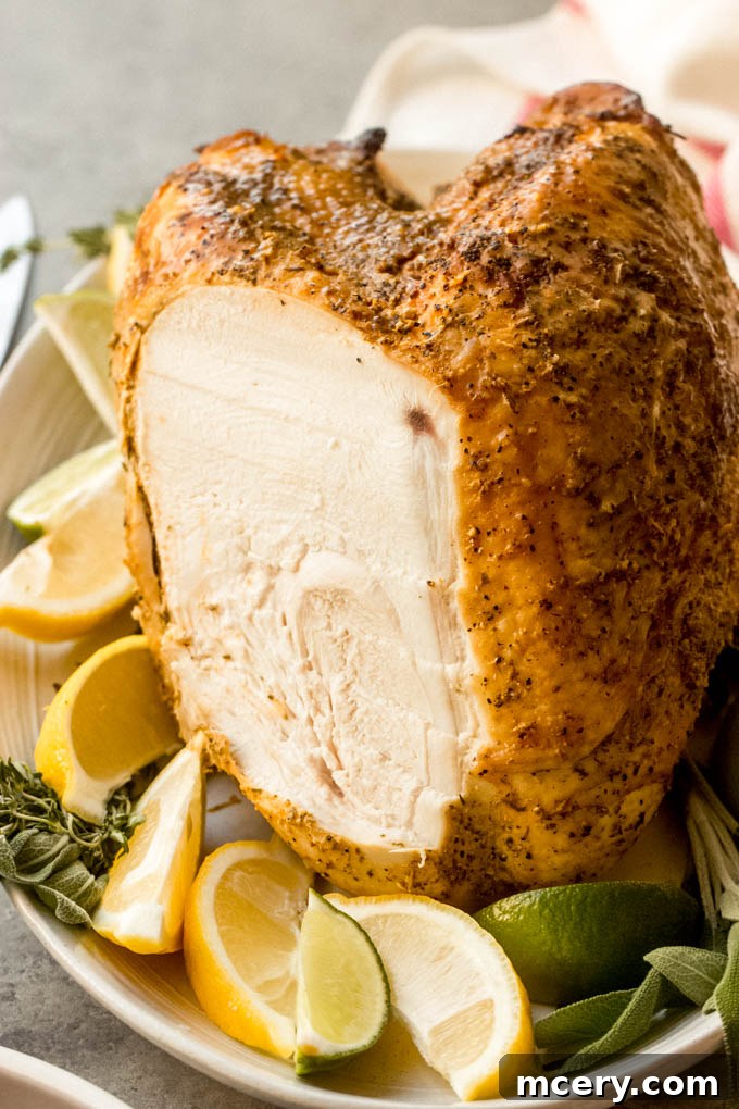 Perfect Bone-In Turkey Breast Roast 8 Sliced roasted turkey breast on a platter