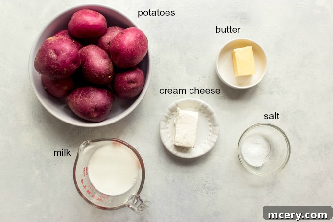 Hearty Red Potato Mash 4 Ingredients laid out for making the best red skin mashed potato recipe.
