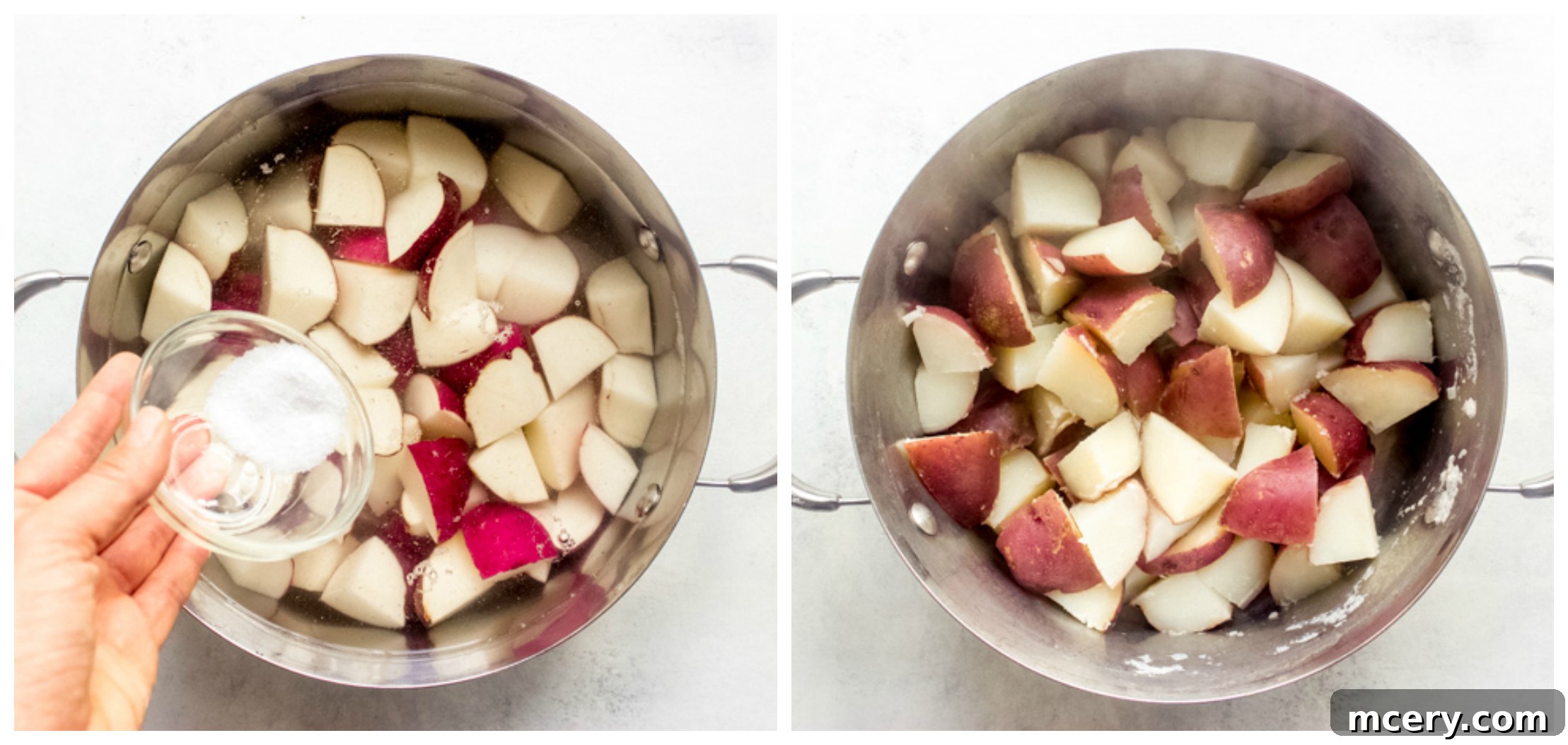 Hearty Red Potato Mash 5 Red potatoes boiling in a stockpot, preparing for mashing.