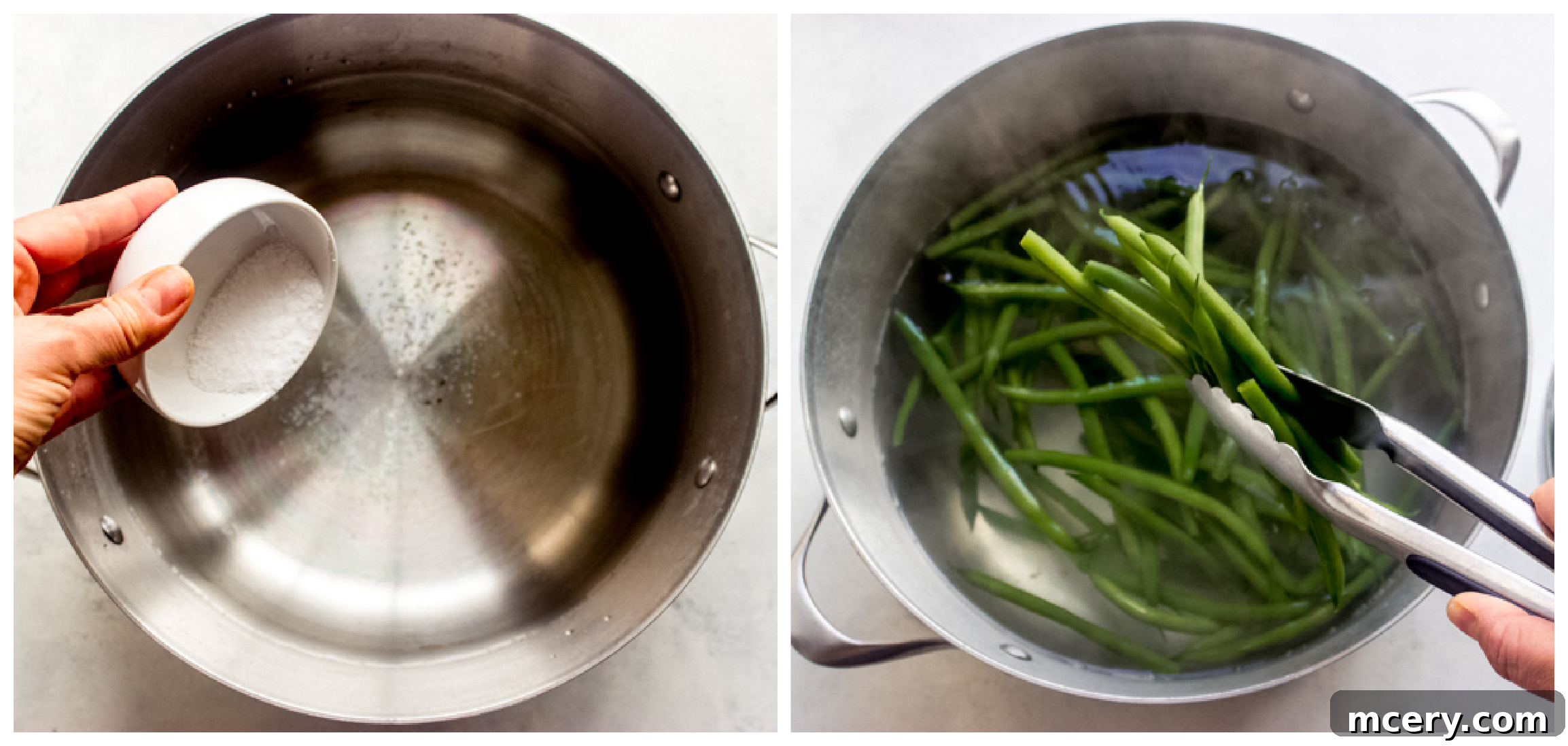 Sesame Garlic Green Beans 4 Fresh green beans blanching in a pot of boiling salted water to achieve tender-crisp texture.