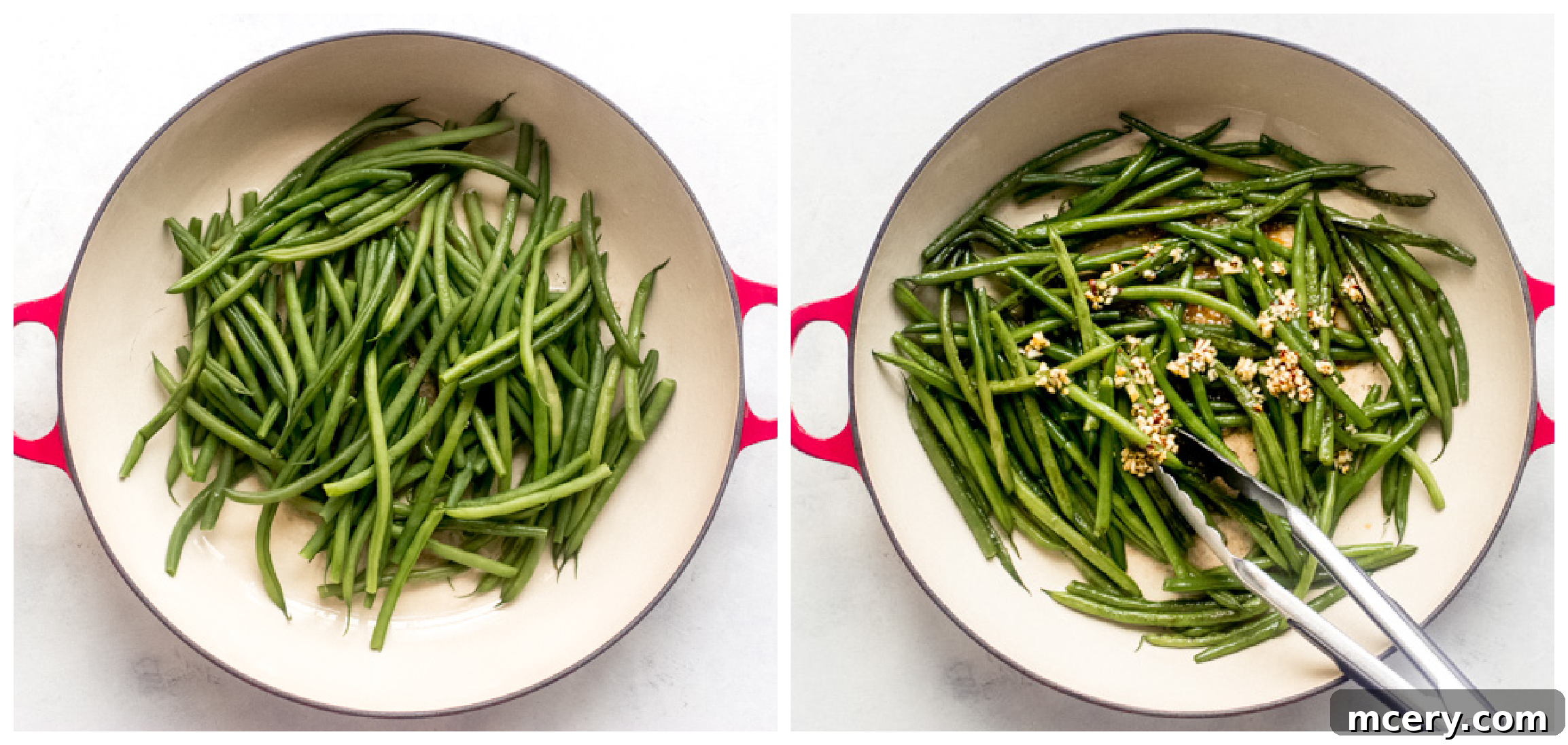 Sesame Garlic Green Beans 6 Green beans cooking in a hot skillet, developing a char and intensifying their flavor.