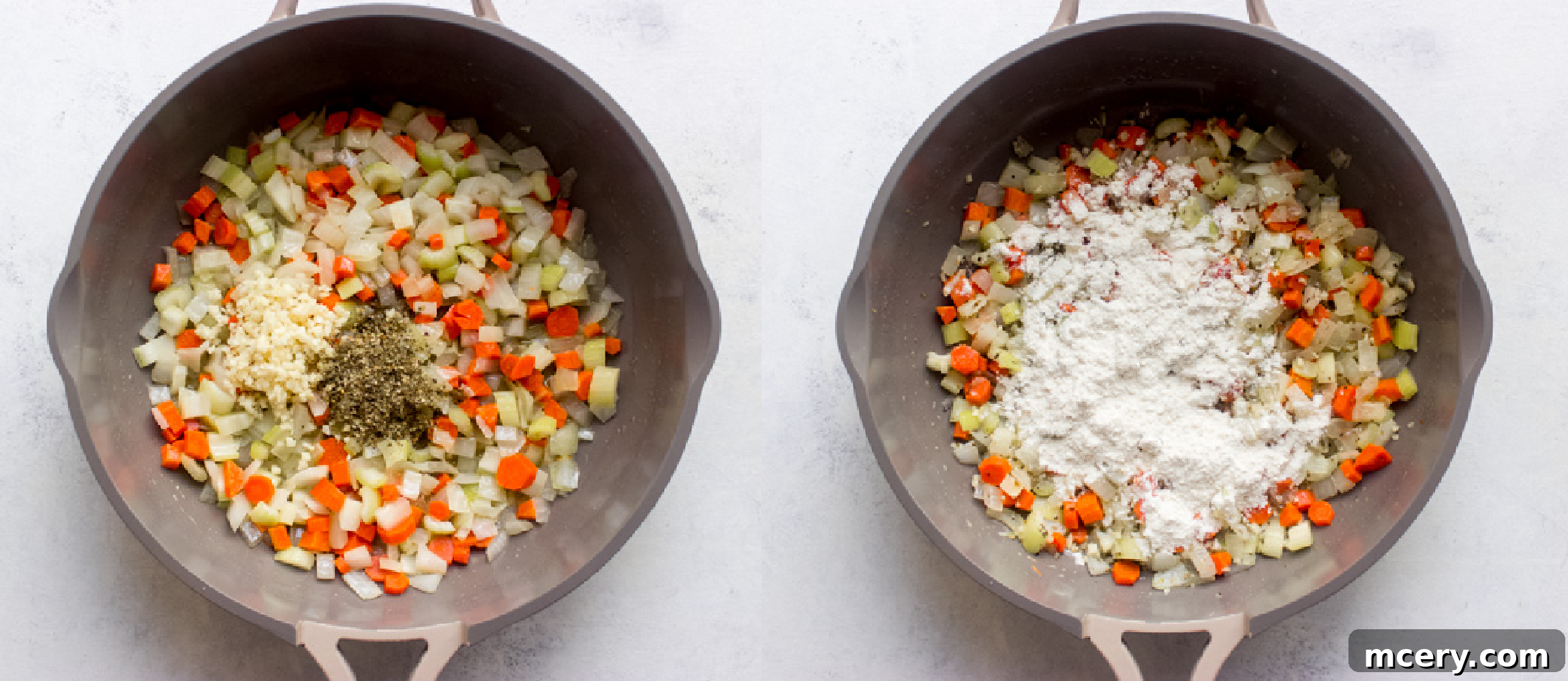 Cooked onions, carrots, and celery softening in a sauté pan with olive oil and butter
