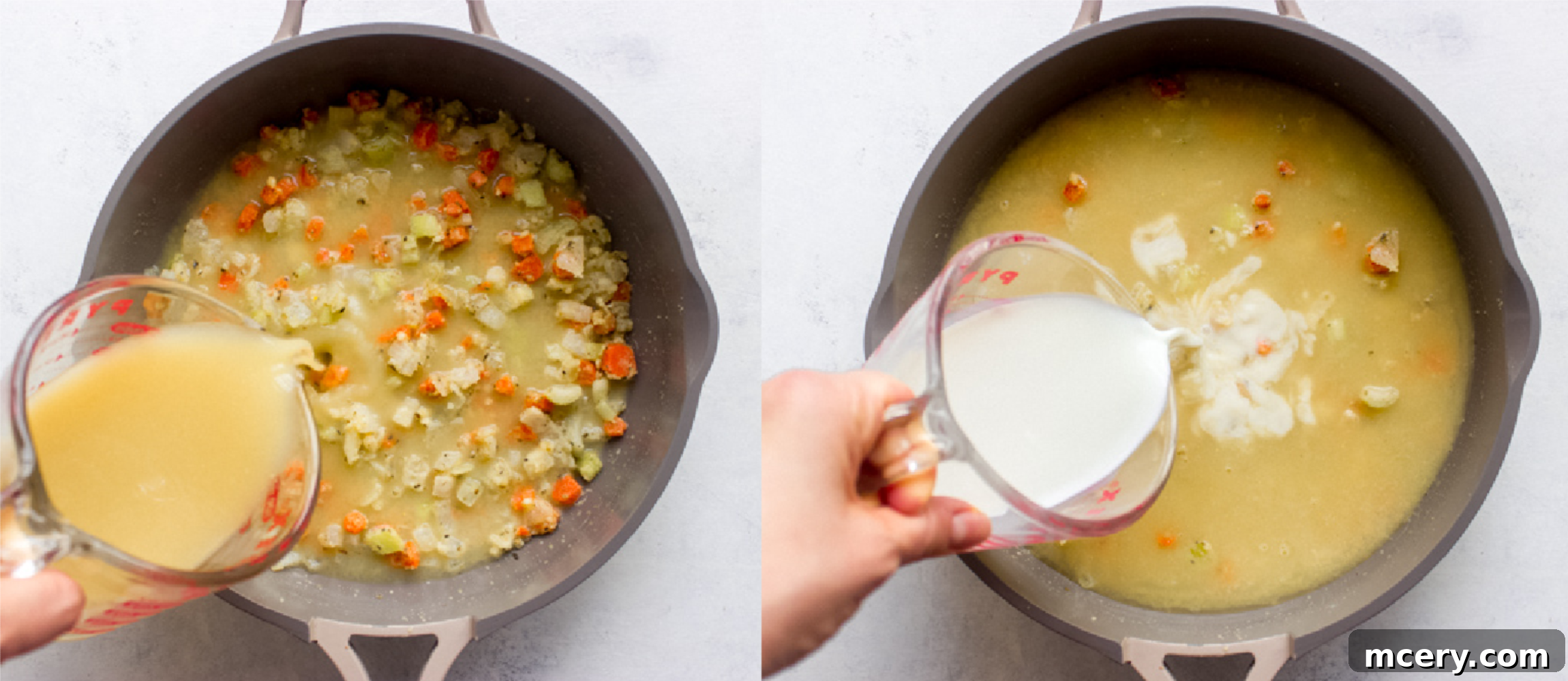 Creamy chicken pot pie filling with broth and milk simmering in a sauté pan