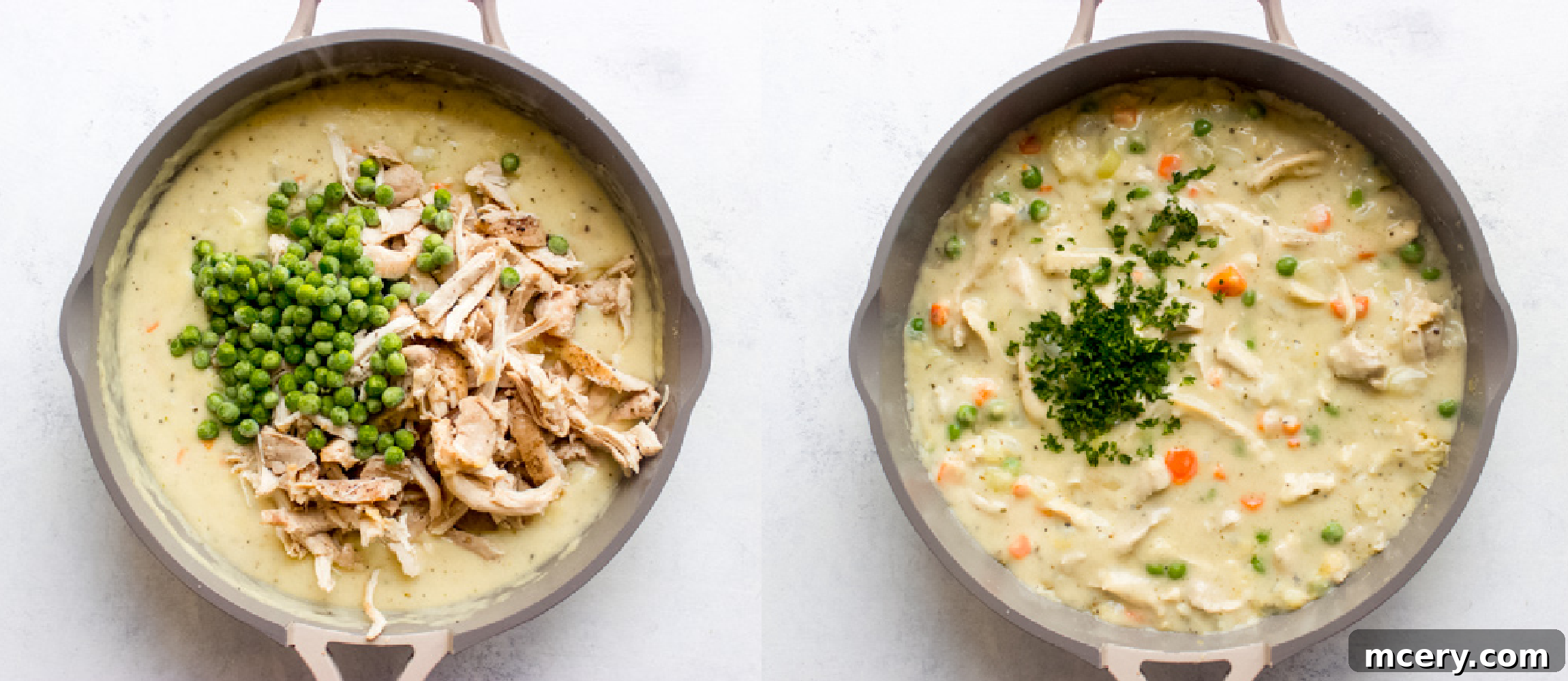 Crustless chicken pot pie filling with rotisserie chicken and green peas, garnished with fresh parsley