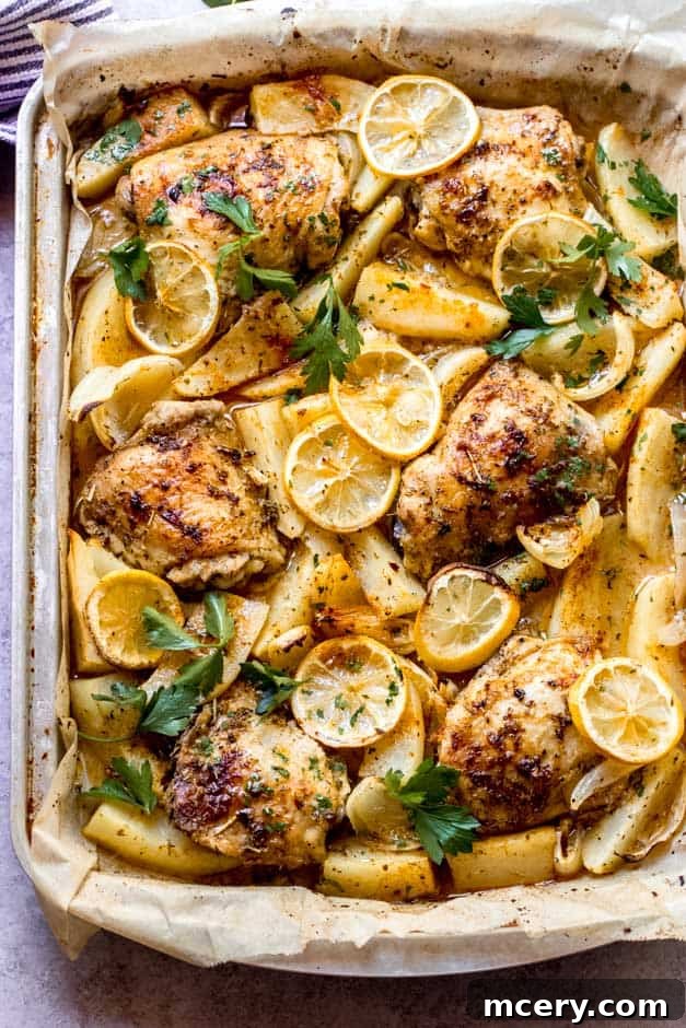 Zesty Lemon Herb Roasted Chicken and Golden Potatoes 2 Overhead view of glistening lemon roasted chicken and potatoes, perfectly browned and garnished with fresh herbs, ready to serve