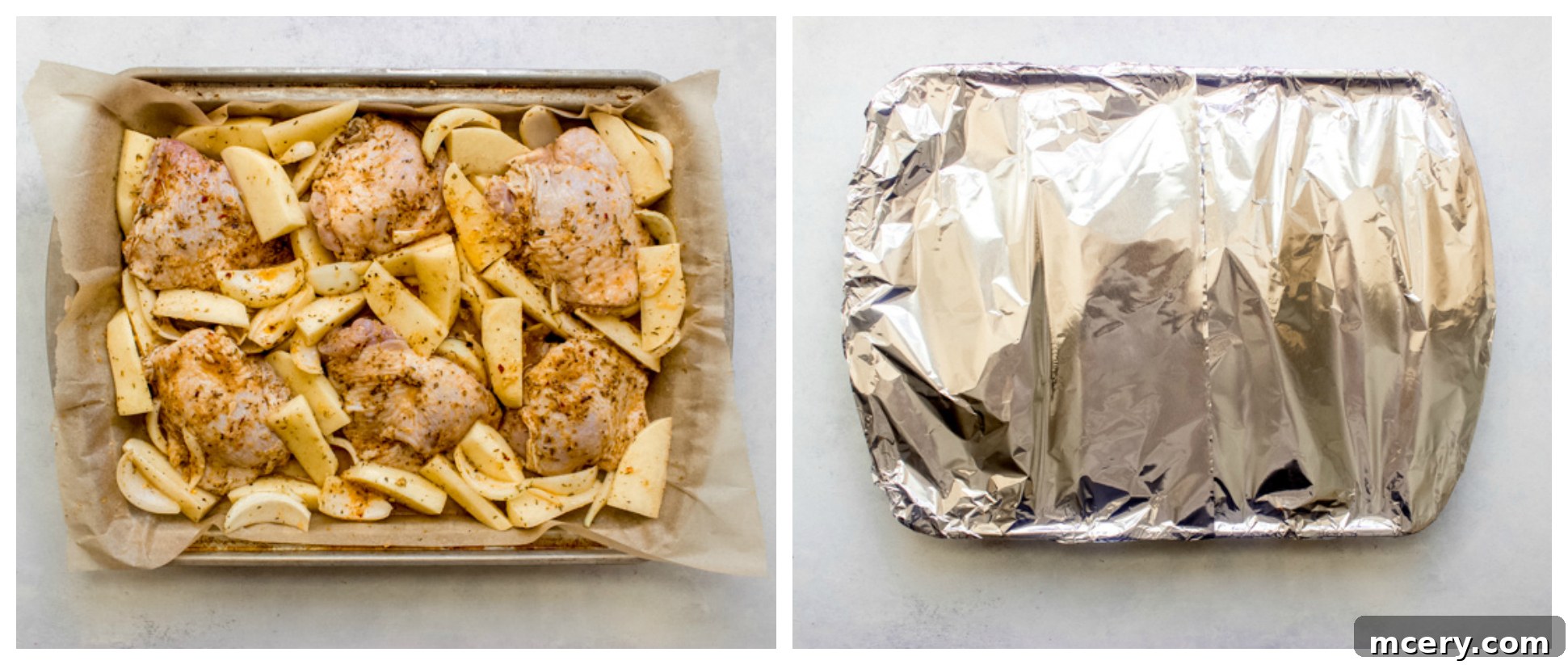Zesty Lemon Herb Roasted Chicken and Golden Potatoes 7 Raw seasoned chicken thighs, potato wedges, and onion quarters neatly arranged on a parchment-lined baking pan, ready for roasting
