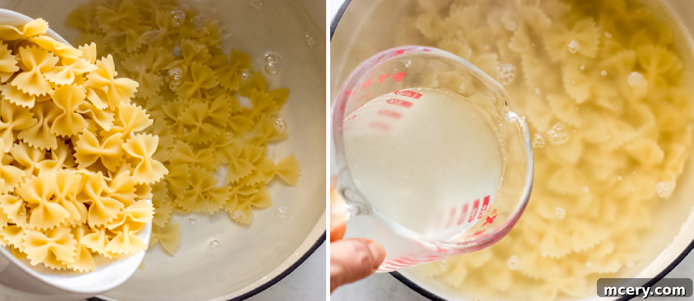 Zesty Shrimp and Spring Vegetable Pasta 4 Al dente short-cut pasta cooking in a pot of salted water.