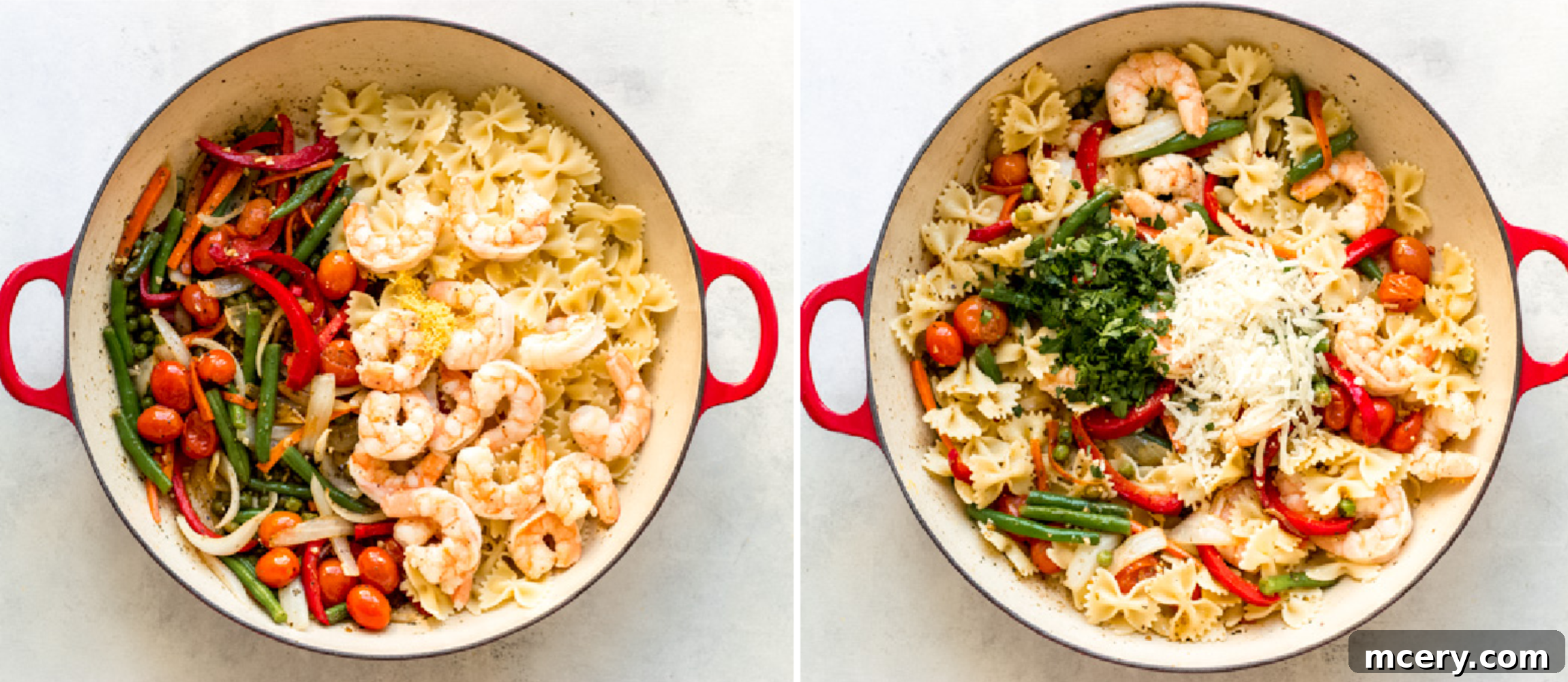 Zesty Shrimp and Spring Vegetable Pasta 7 Shrimp, pasta, and vibrant vegetables tossed together in a skillet with a light sauce.