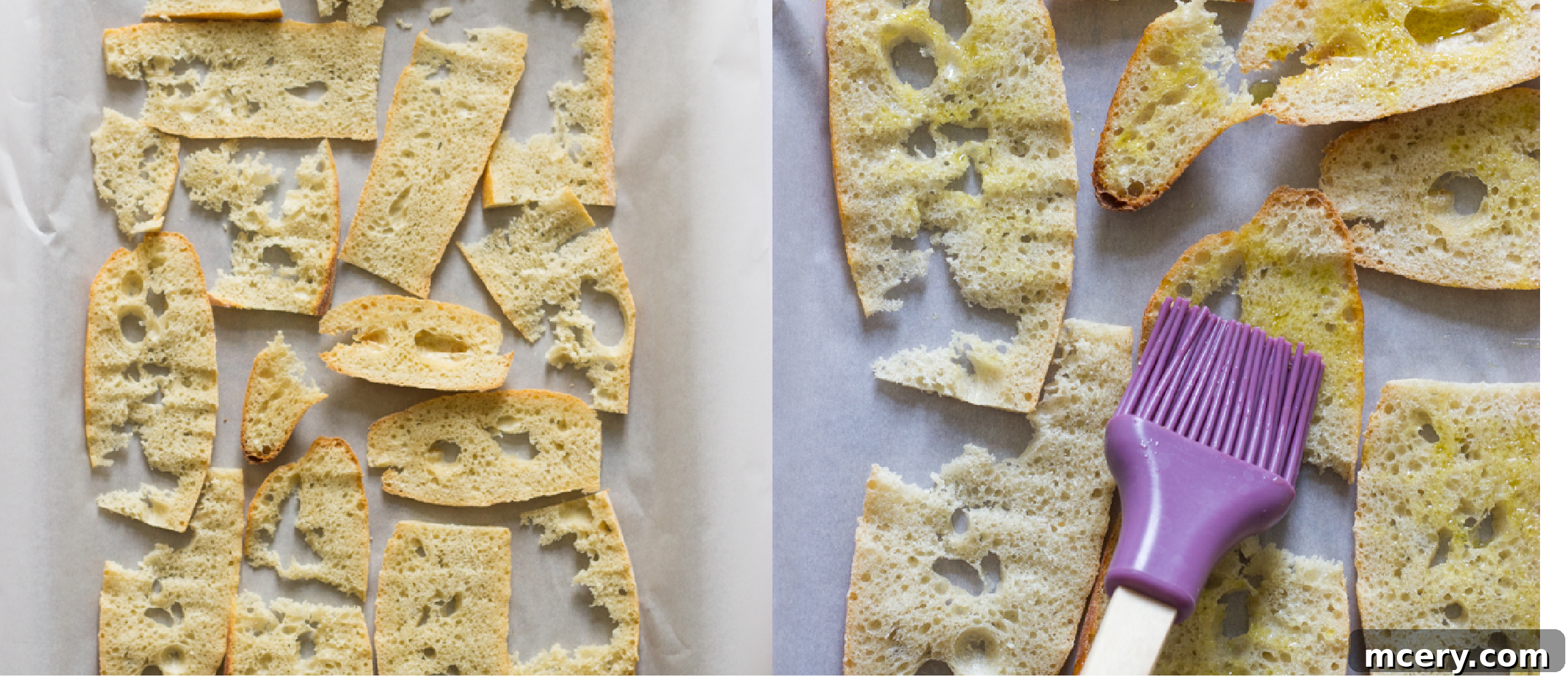 Crunchy Bread Bites 5 Baguette slices brushed with olive oil and arranged neatly on a parchment-lined baking sheet.