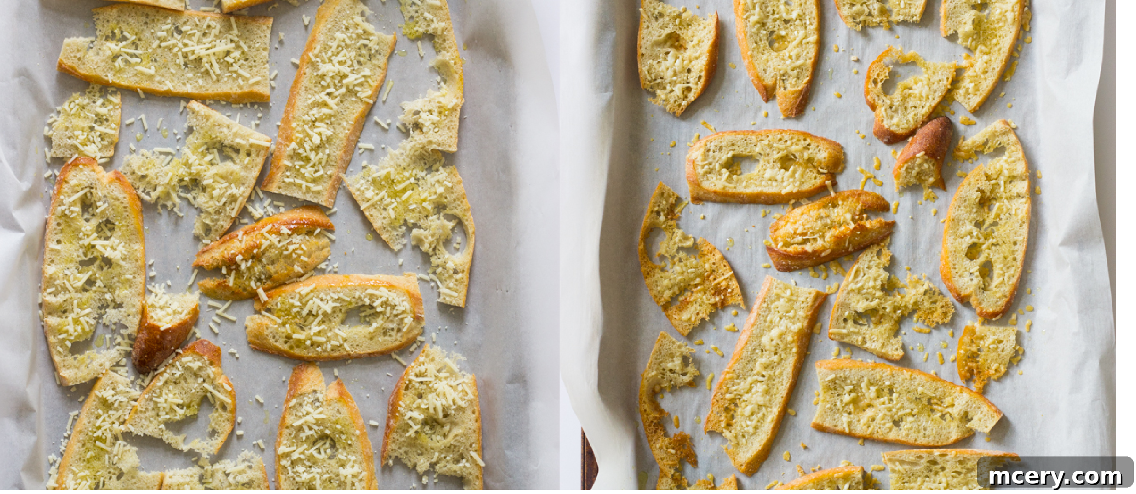 Crunchy Bread Bites 6 Sliced baguette topped with parmesan cheese, baked to a golden crisp.