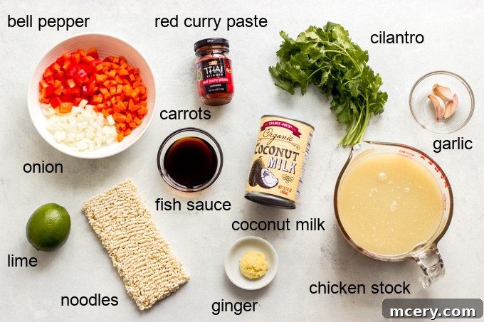 Vibrant Thai Red Curry Noodle Bowl 4 Assorted fresh ingredients for Thai curry noodle soup laid out