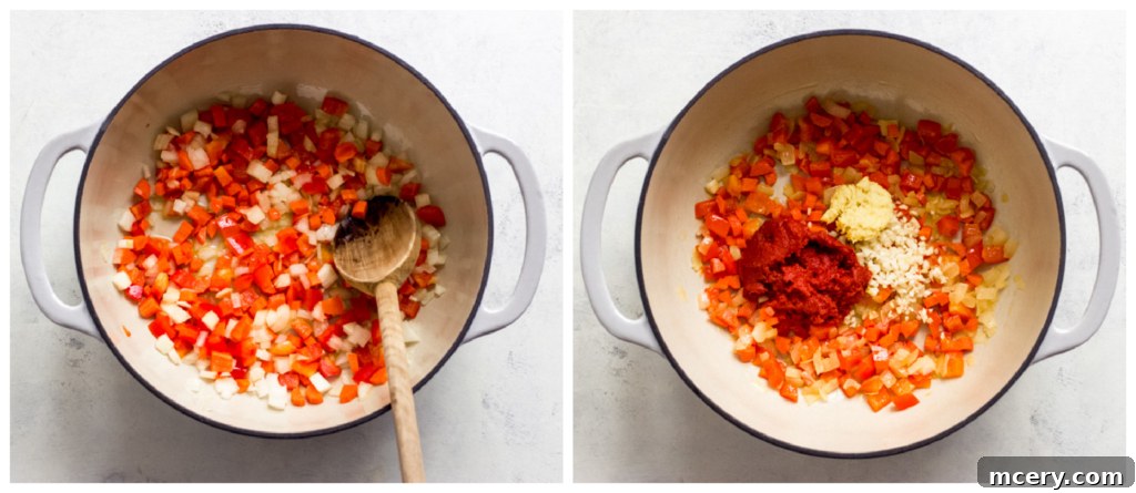 Vibrant Thai Red Curry Noodle Bowl 5 Sautéing vegetables and red curry paste in a large stockpot