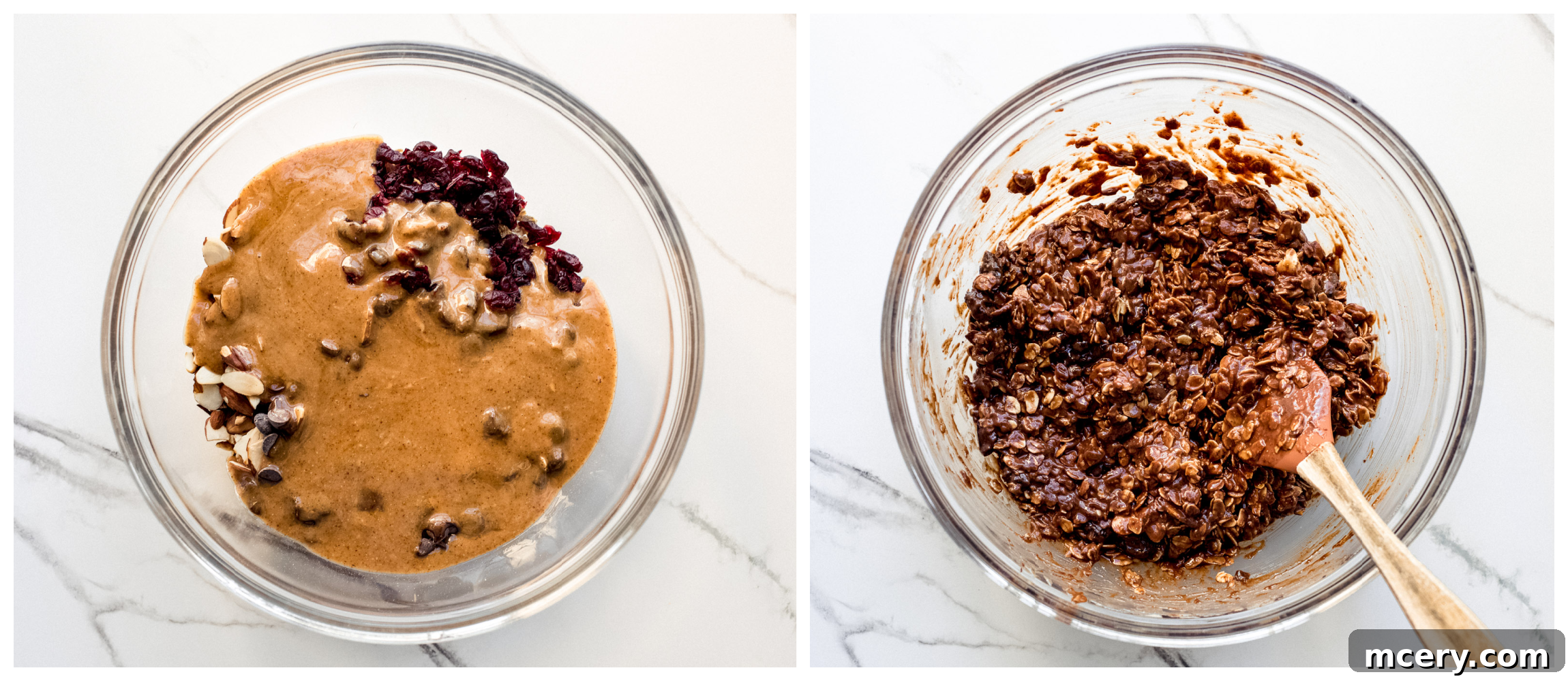 Oats, almonds, chocolate chips, and cranberries mixed with the wet ingredients in a bowl