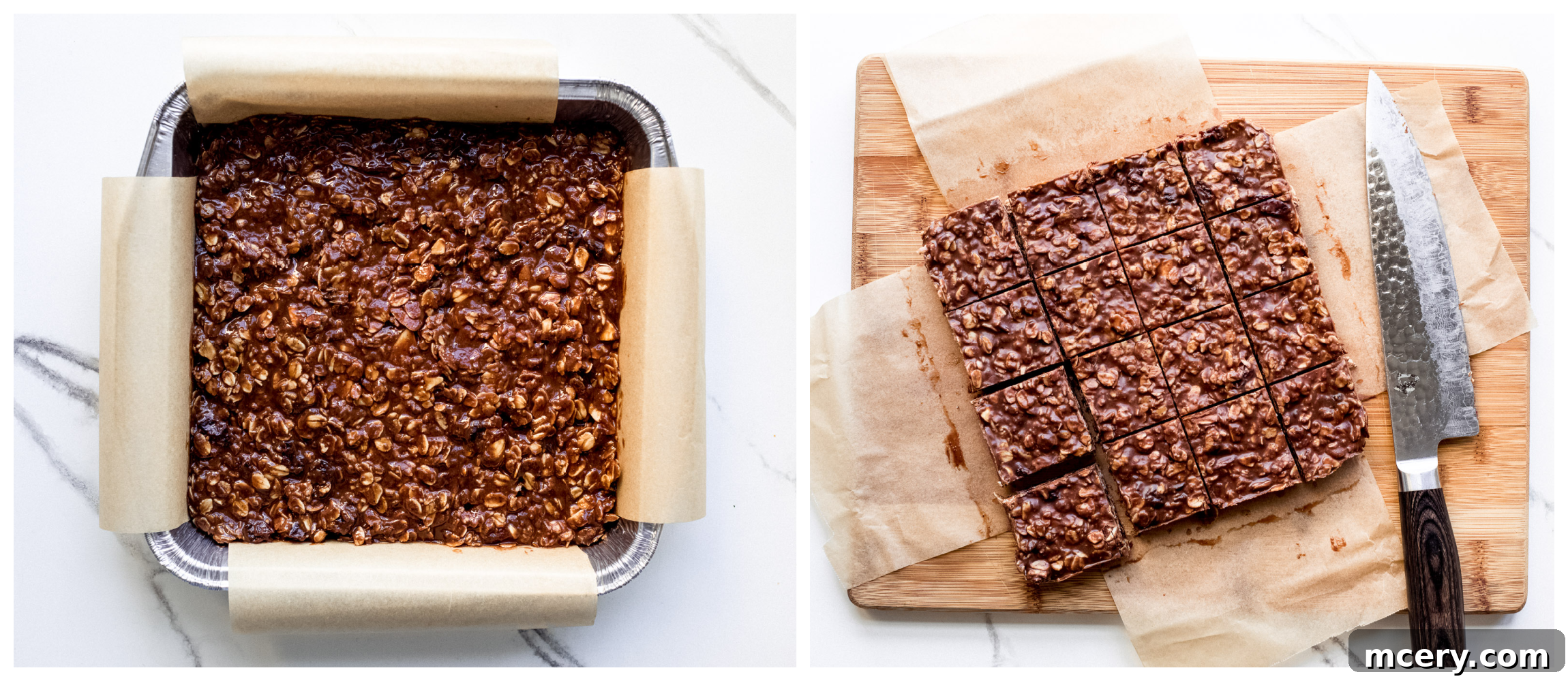 Cut no-bake chocolate oat bars on a cutting board