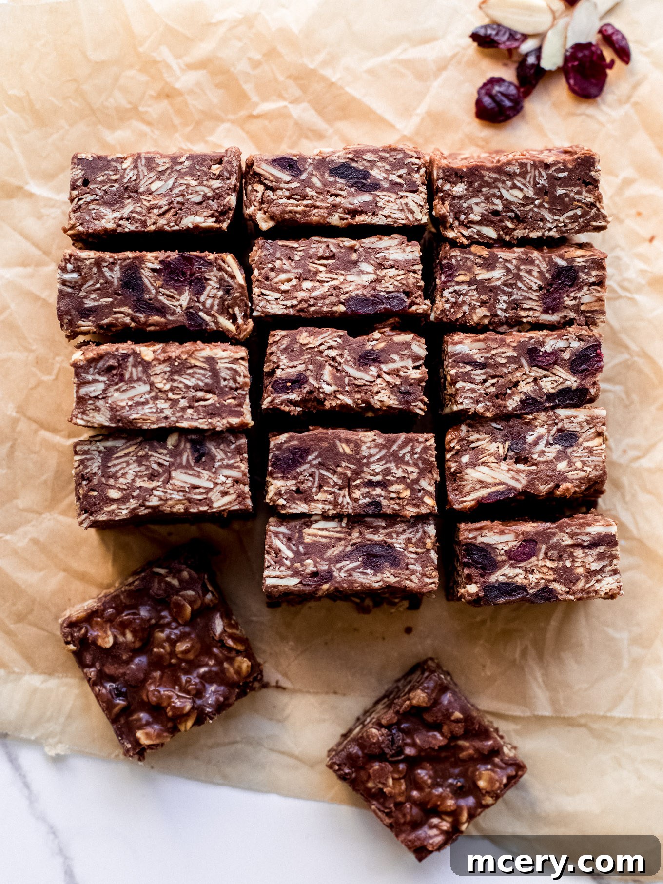 Healthy No-Bake Oatmeal Bars with chocolate, almonds, and cranberries