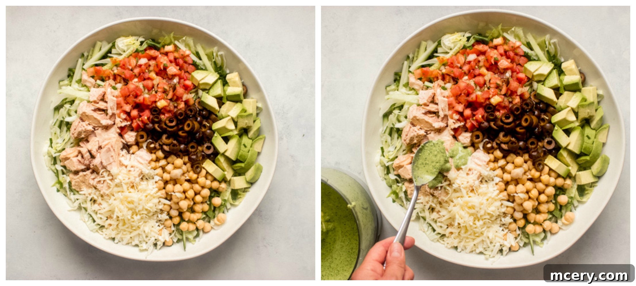 Zesty Mexican Tuna Salad with Cilantro Cream 8 Final Chopped Mexican Tuna Salad in a white bowl with all ingredients combined and drizzled with dressing.