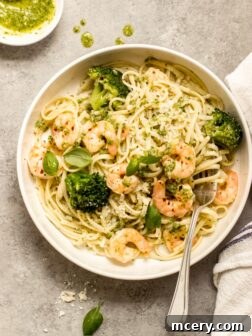 shrimp pesto pasta with broccoli