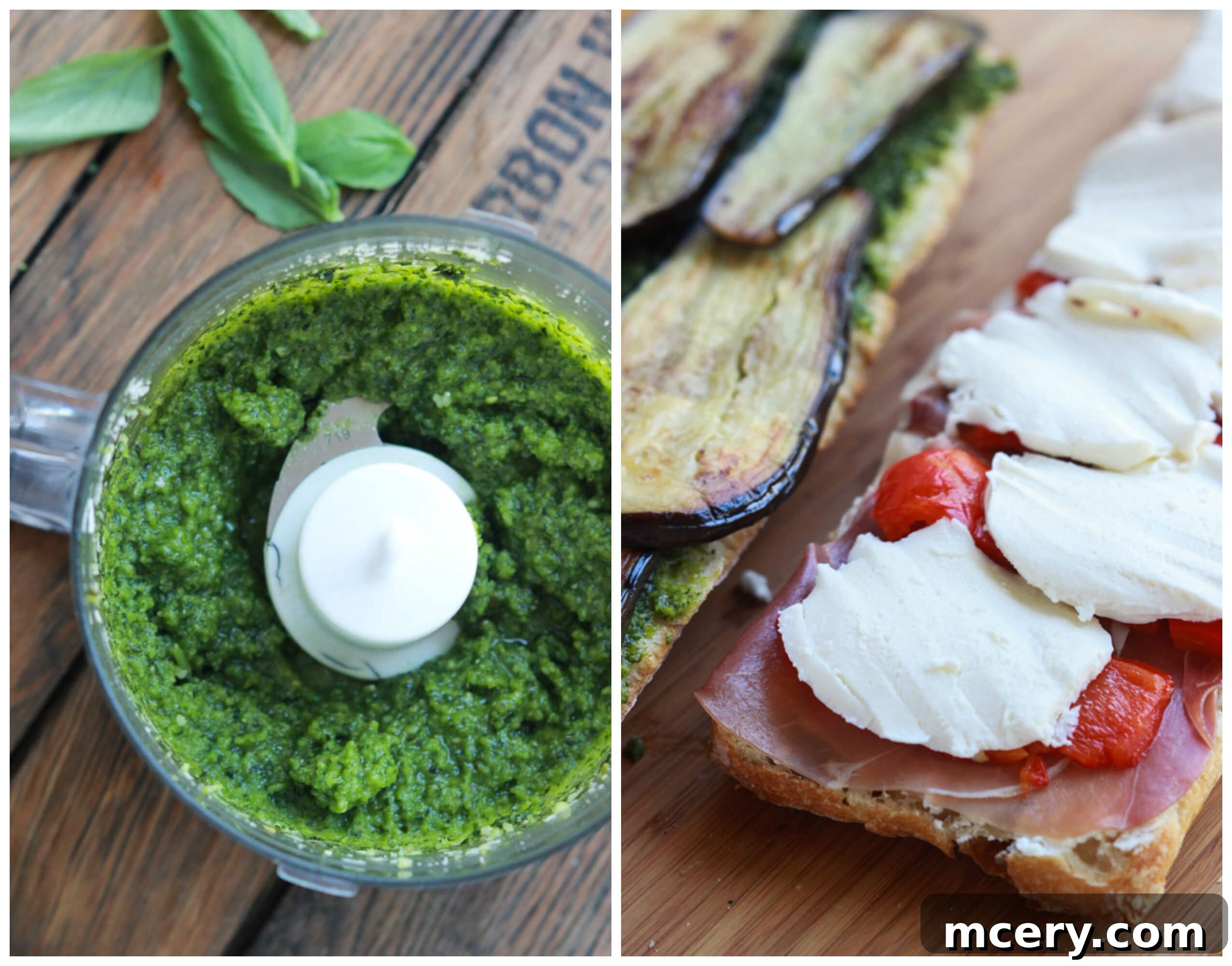 Italian Prosciutto Delight 3 Two photos showing vibrant homemade pesto in one, and a freshly assembled sandwich ready for pressing in the second.
