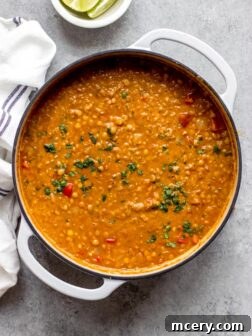 A vibrant bowl of hearty lentil chili, garnished with fresh toppings, showcasing its rich texture.