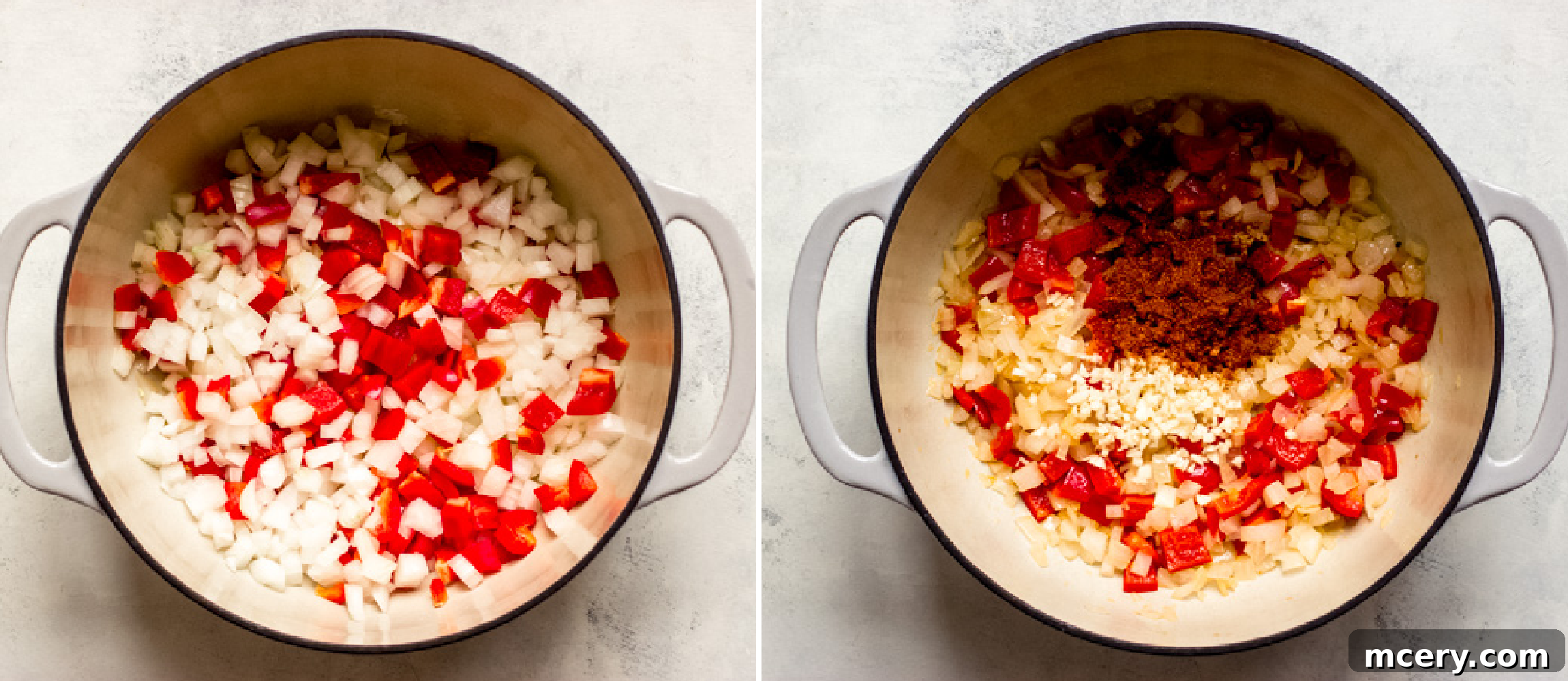 Plant-Powered Lentil Chili 5 Sautéed chopped onions and red bell peppers simmering in a large Dutch oven.