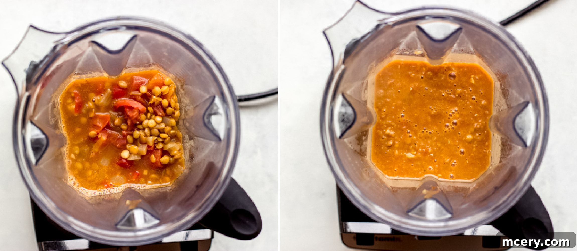 Plant-Powered Lentil Chili 7 A portion of lentil chili being pureed in a food processor to create a creamier base.