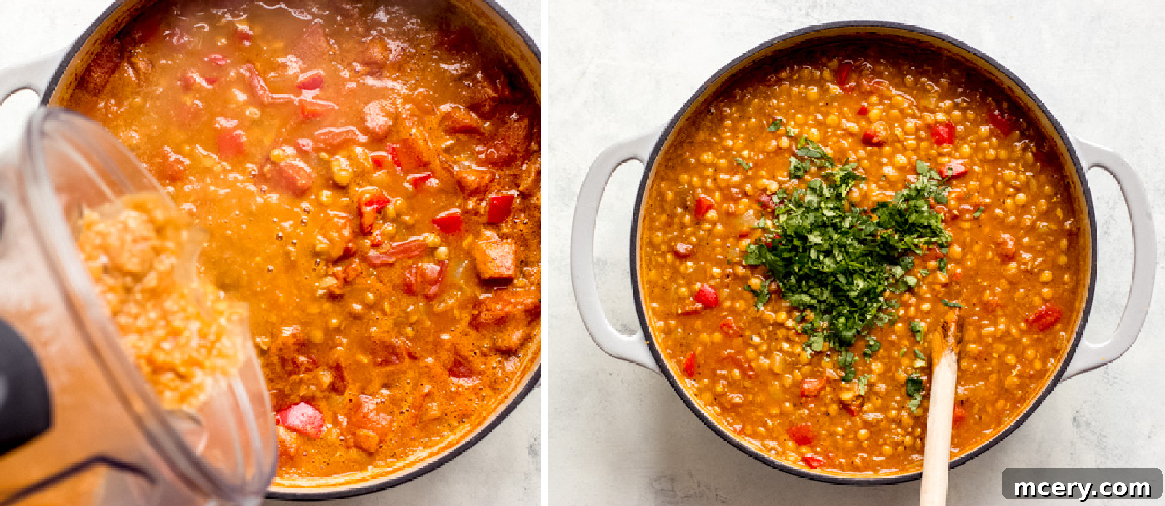 Plant-Powered Lentil Chili 8 Finished lentil chili topped with fresh cilantro in a large Dutch oven.