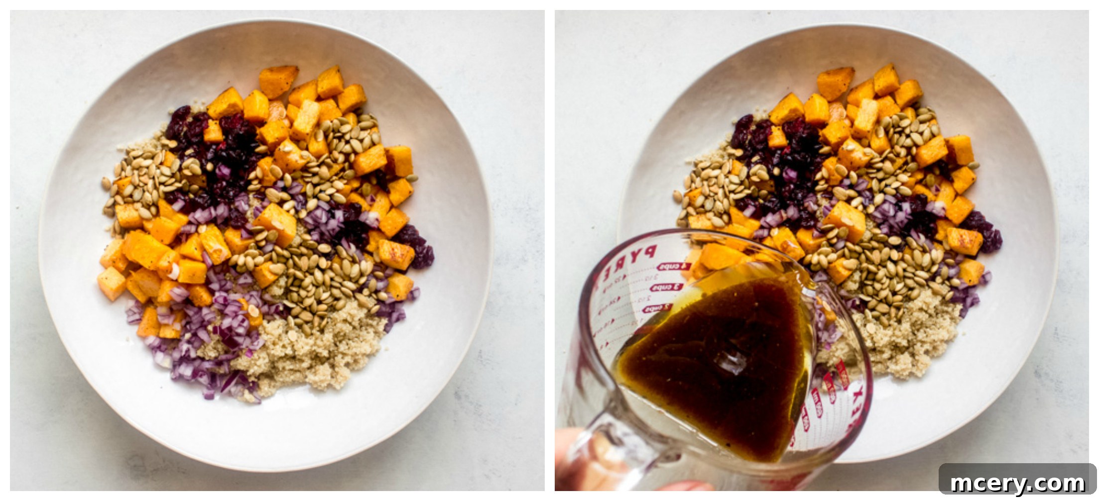 Golden Harvest Quinoa Medley 12 Butternut squash cranberry quinoa salad mixed in a large white bowl, chilling.