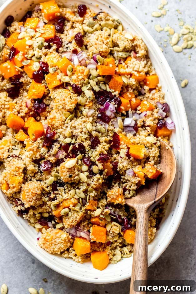 Golden Harvest Quinoa Medley 3 Quinoa squash salad served in a elegant white bowl with a wooden spoon, ready for tasting.