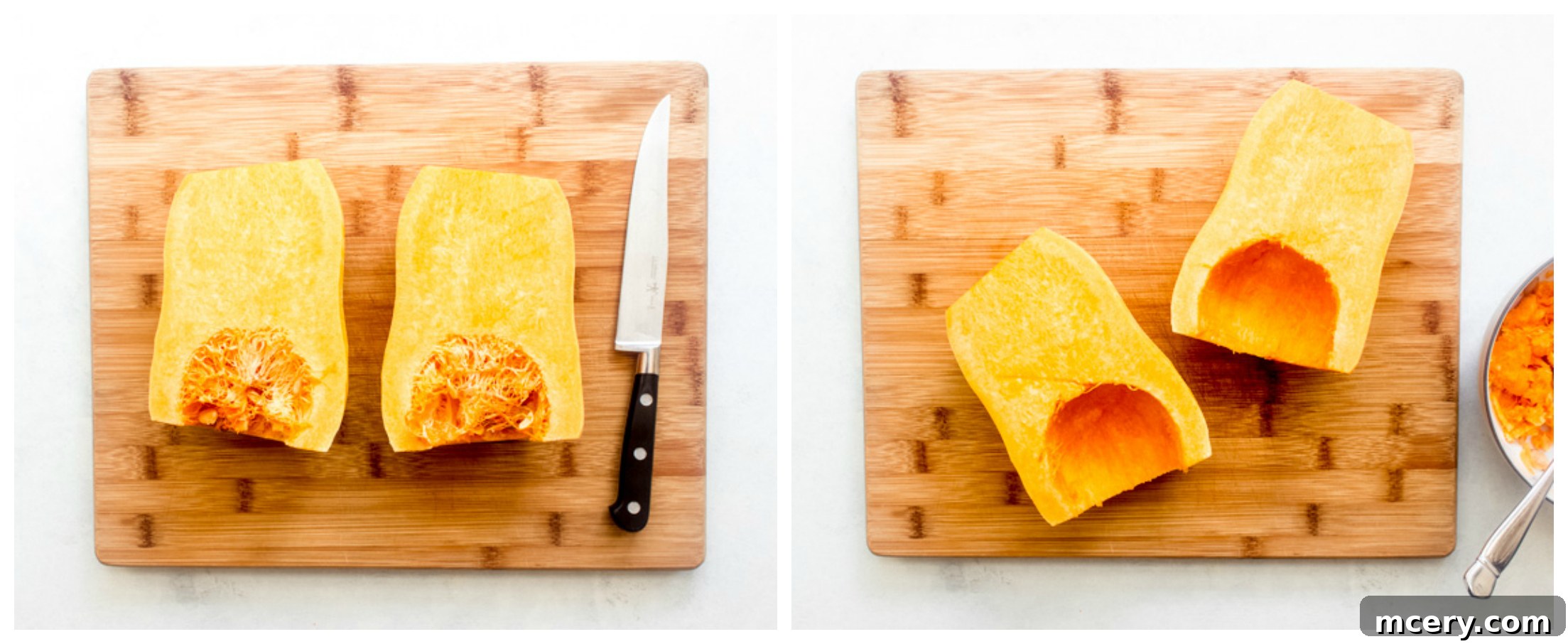 Golden Harvest Quinoa Medley 6 Butternut squash cut in half lengthwise, showing how to scoop out the seeds.