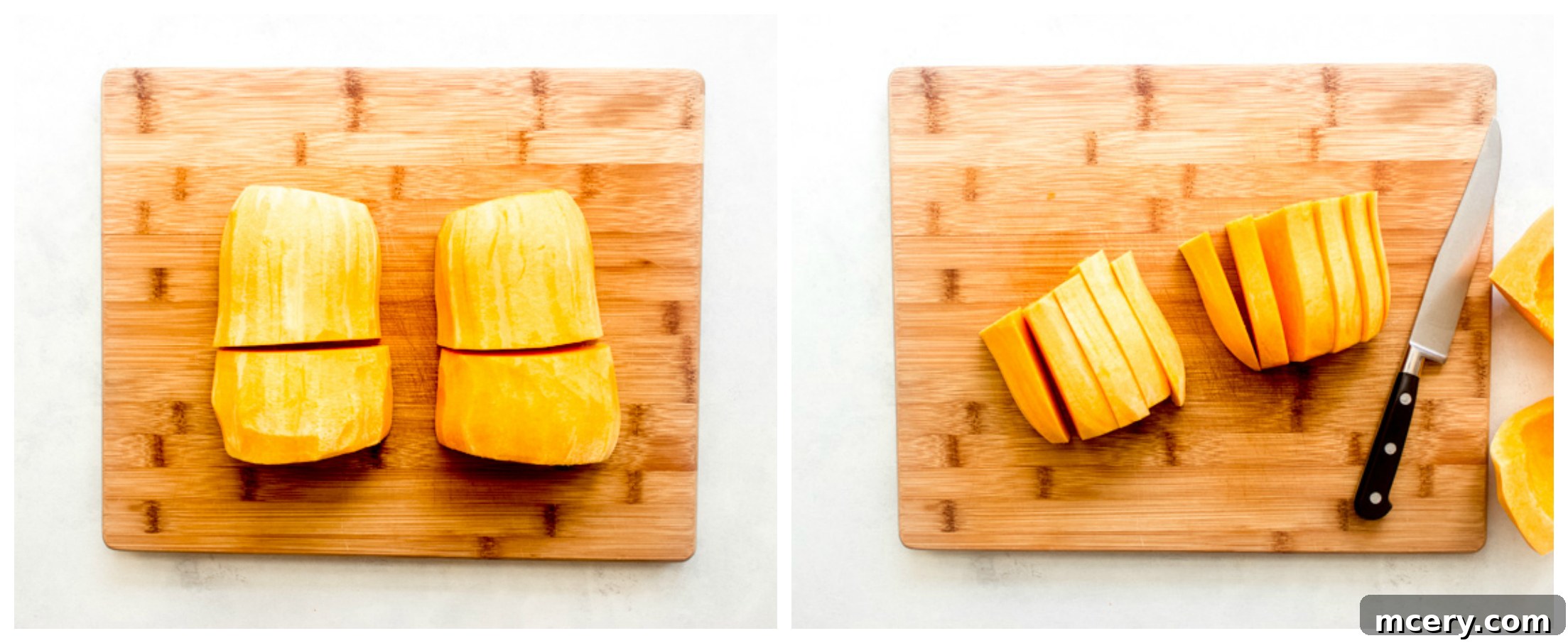 Golden Harvest Quinoa Medley 7 How to slice fresh butternut squash into uniform pieces before cubing.