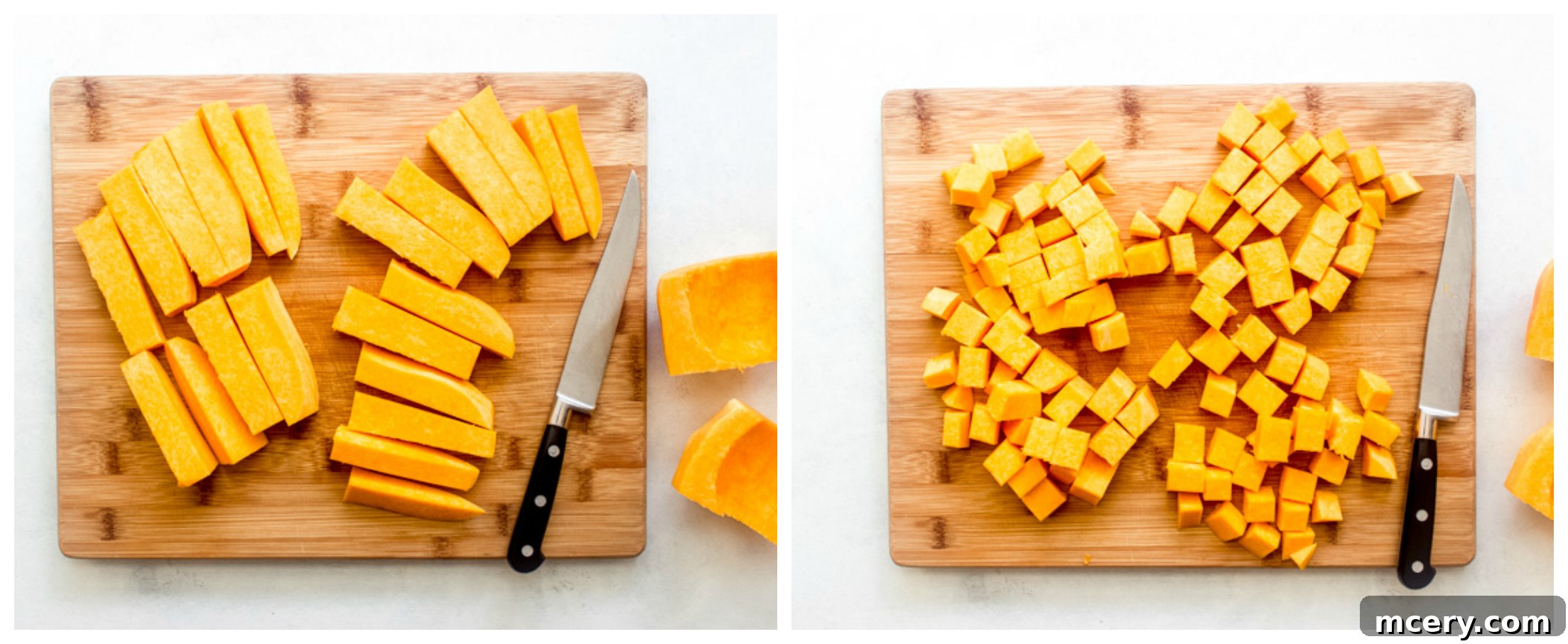 Golden Harvest Quinoa Medley 8 The final step: how to cube butternut squash into perfect bite-sized pieces.