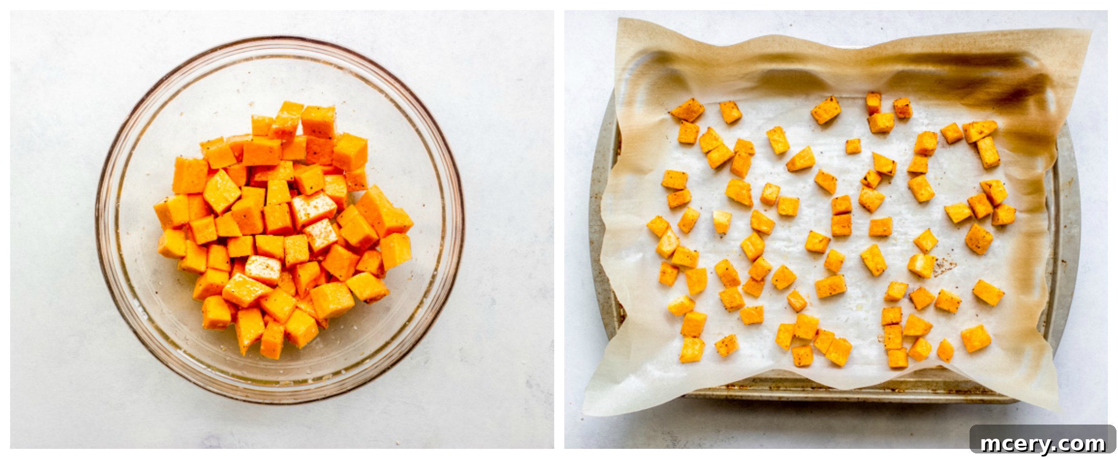 Golden Harvest Quinoa Medley 9 Butternut squash cubes spread on a baking sheet, ready for roasting.