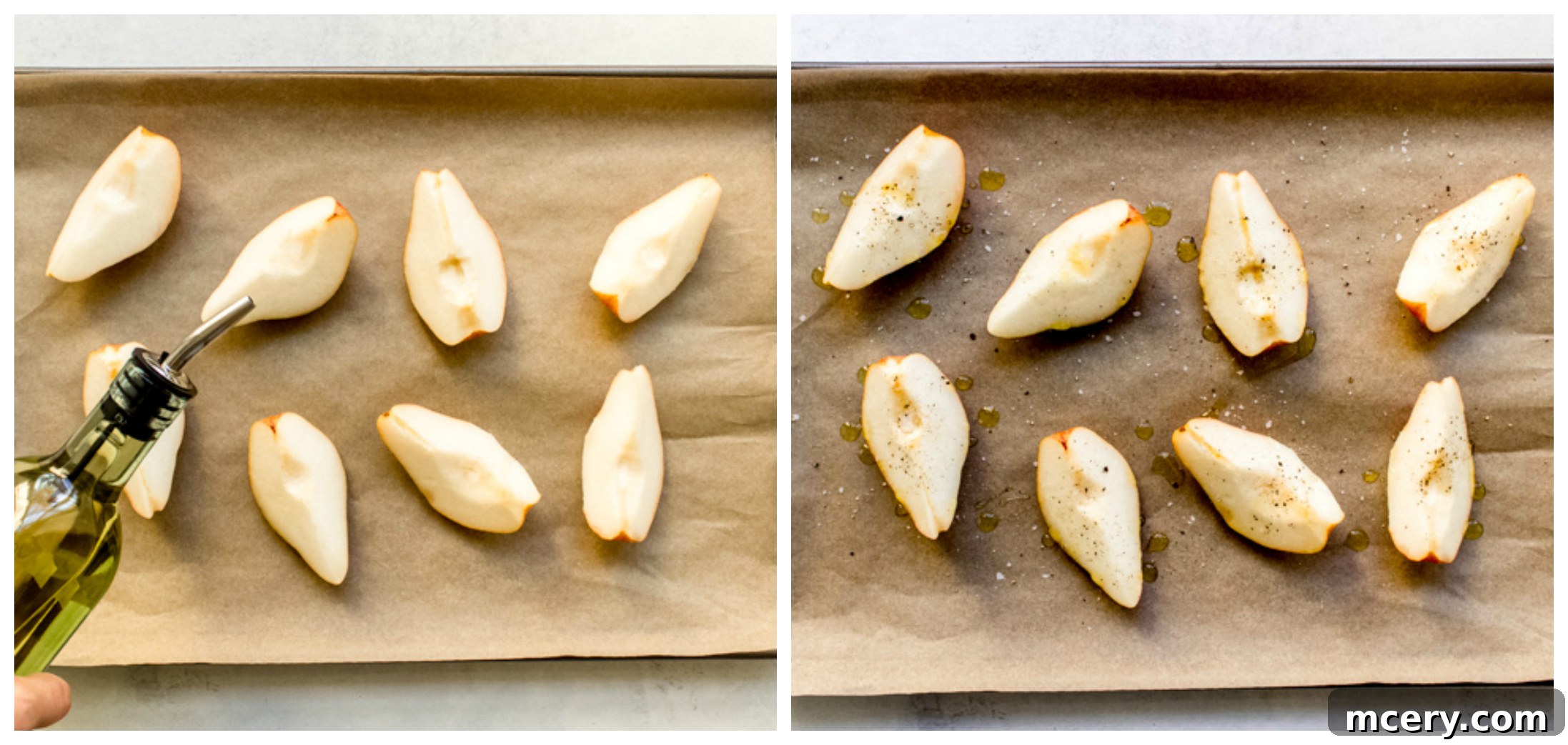 Caramelized Pear & Chevre Salad 5 Pears quartered and arranged on a parchment-lined baking sheet, expertly drizzled with olive oil and seasoned, ready for their delicious transformation in the oven