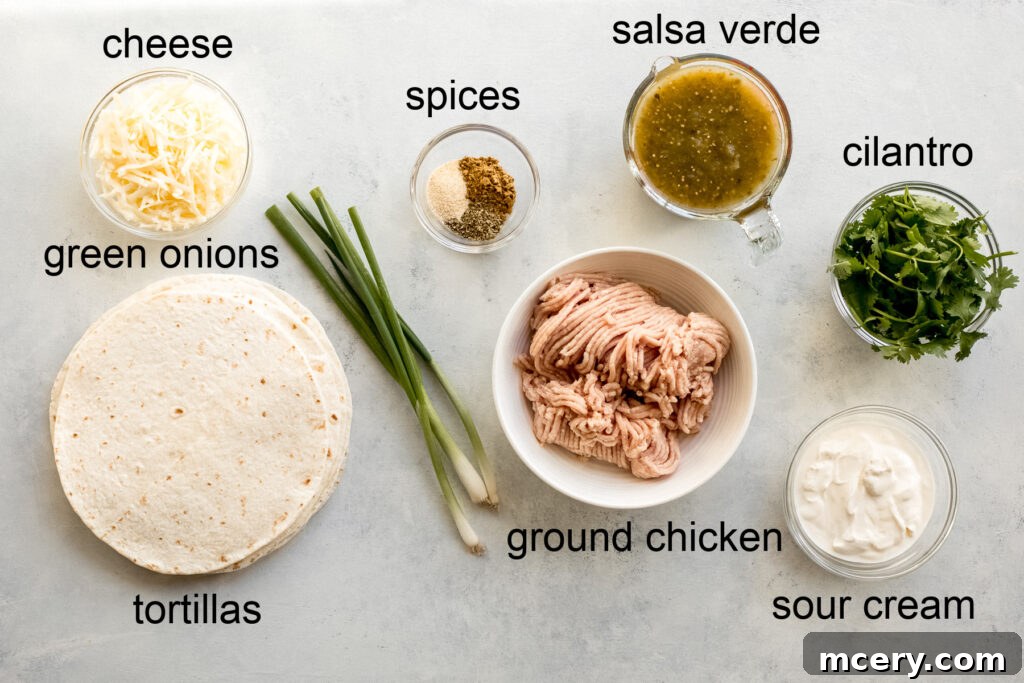 Savory Chicken Enchilada Bake 3 Ingredients laid out for ground chicken enchiladas: ground chicken, spices, salsa verde, sour cream, cheese, tortillas, green onions, cilantro