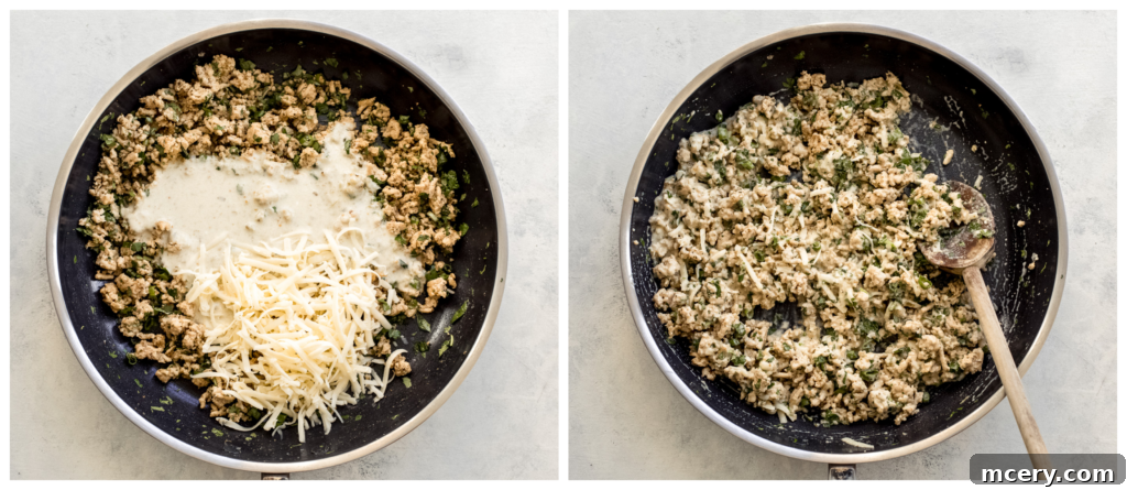 Savory Chicken Enchilada Bake 6 Ground chicken, creamy sauce, and shredded cheese mixed together in a bowl for enchilada filling