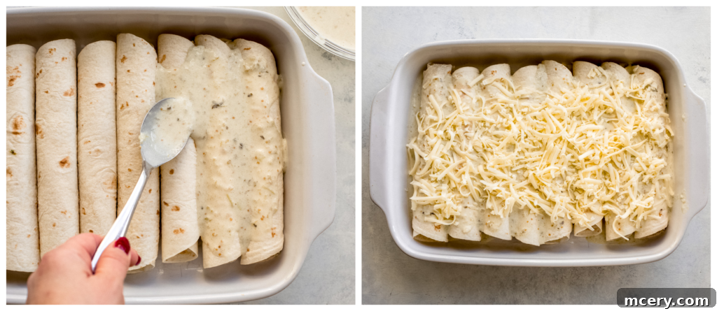Savory Chicken Enchilada Bake 8 Assembled chicken enchiladas in a baking dish, topped with sauce and cheese, ready for baking