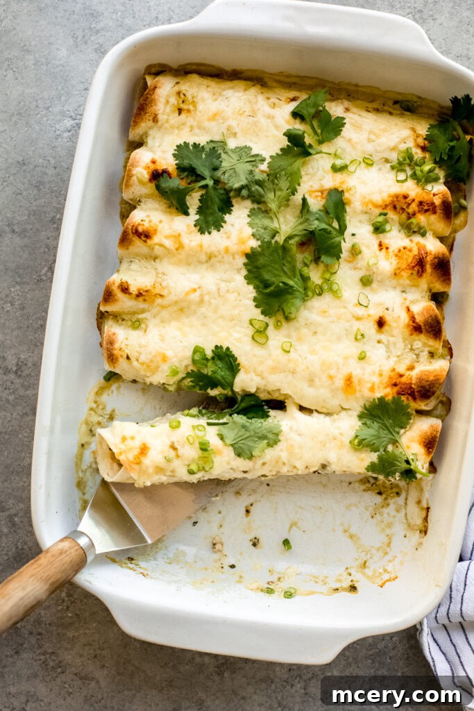 Savory Chicken Enchilada Bake 10 Freshly baked ground chicken enchiladas, topped with green sauce and cilantro, ready to serve
